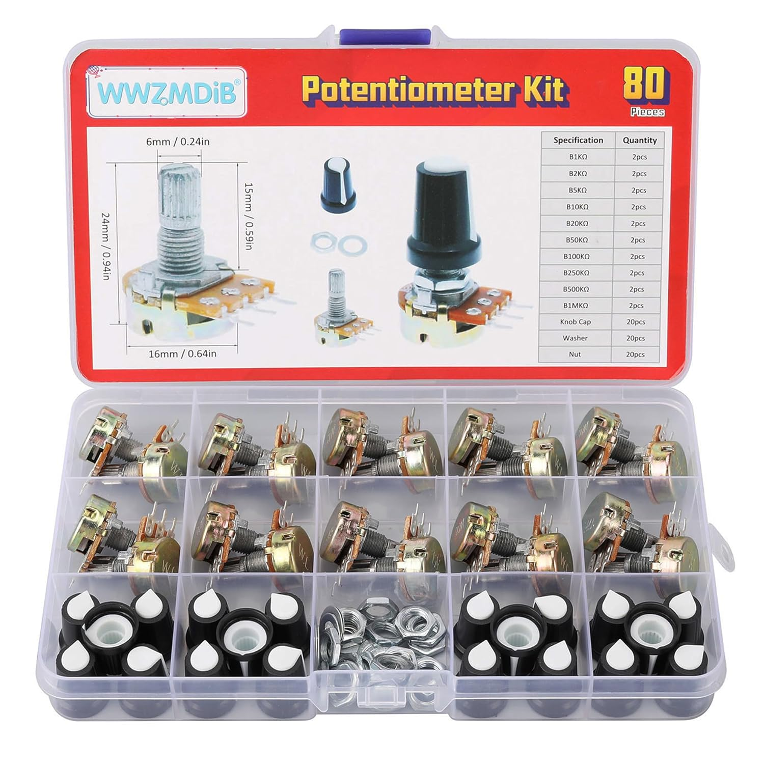 80 Pcs Potentiometer Kit with Knobs B1K 2K 5K 10K 20K 50K 100K 250K 500K 1M Ohm potentiometers Assortment Tapered Rotary Audio B-Type Potentiometer(Equipped with Nuts & washers)