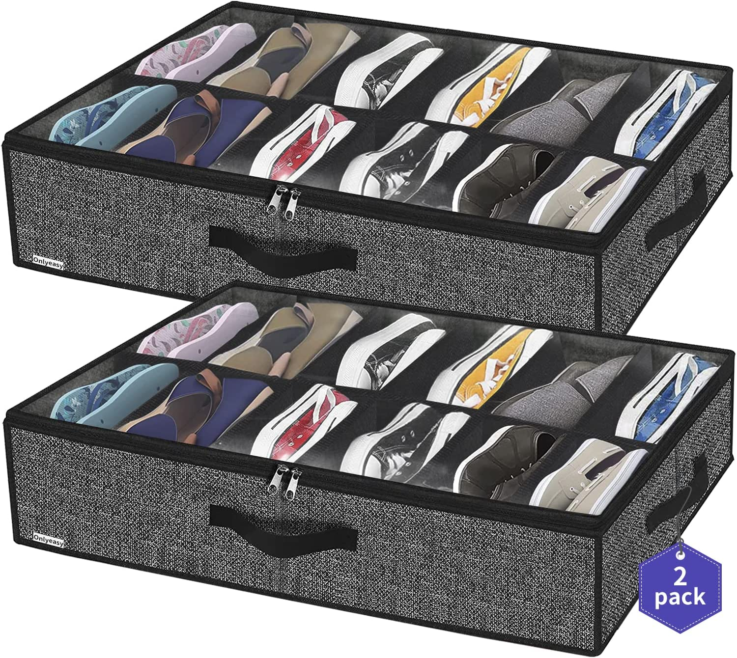 Sturdy under Bed Shoe Storage Organizer, Set of 2, Fit 12 to 24 Pairs, Underbed Shoes Closet Storage Solution with Clear Window, Breathable, L29.3