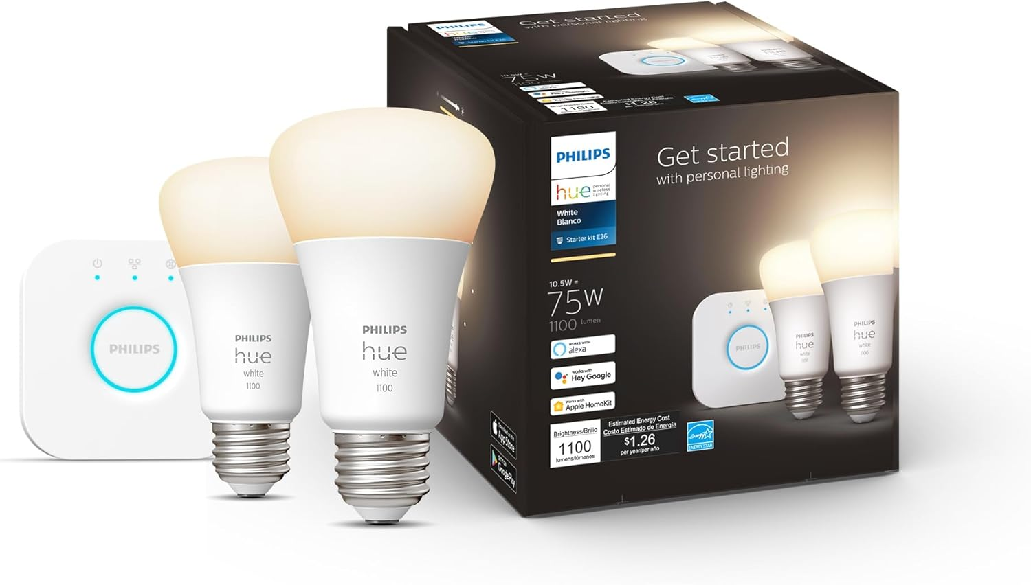 Philips Hue White Smart Light Starter Kit - Includes (1) Bridge and (2) 75W A19, E26 LED Smart Soft White Bulbs - Control with App - Compatible with Alexa, Google Assistant, and Apple Homekit