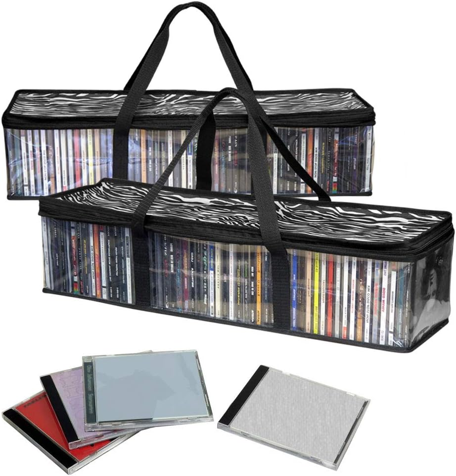 2 Pack CD Storage Bags, Clear PVC Plastic-Holds 96 Cds with Cases Total-Strong Handles-Protects from Scratches/Dirt/Dust/Moisture