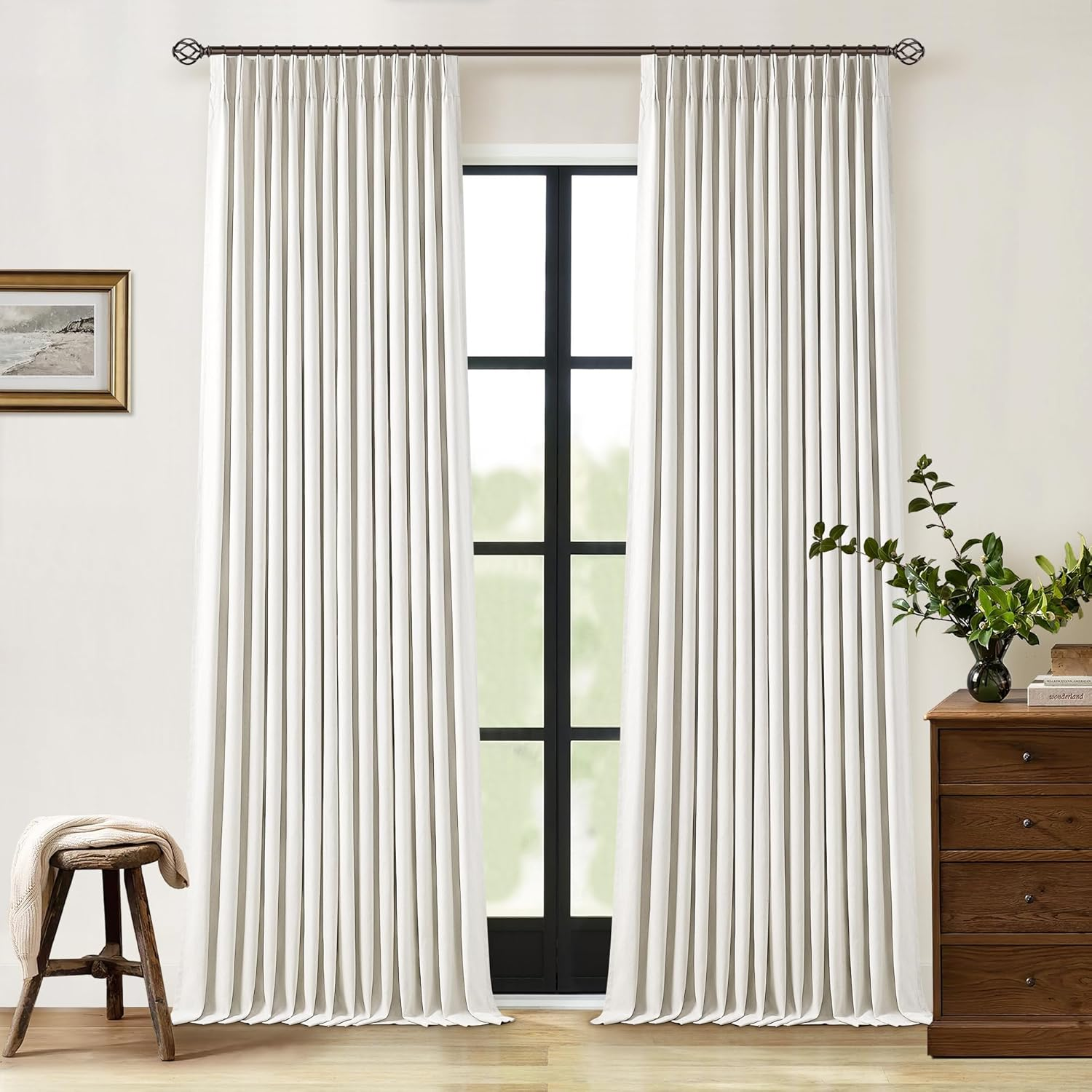 90 Inch Pinch Pleated Linen Blackout Curtains 2 Panels for Living Room Cream Natural 100% Black Out Curtains 90 Inches Long Pinch Pleat Dual Layer Drapes Birch Ivory Drapes for Dining Bedroom Office