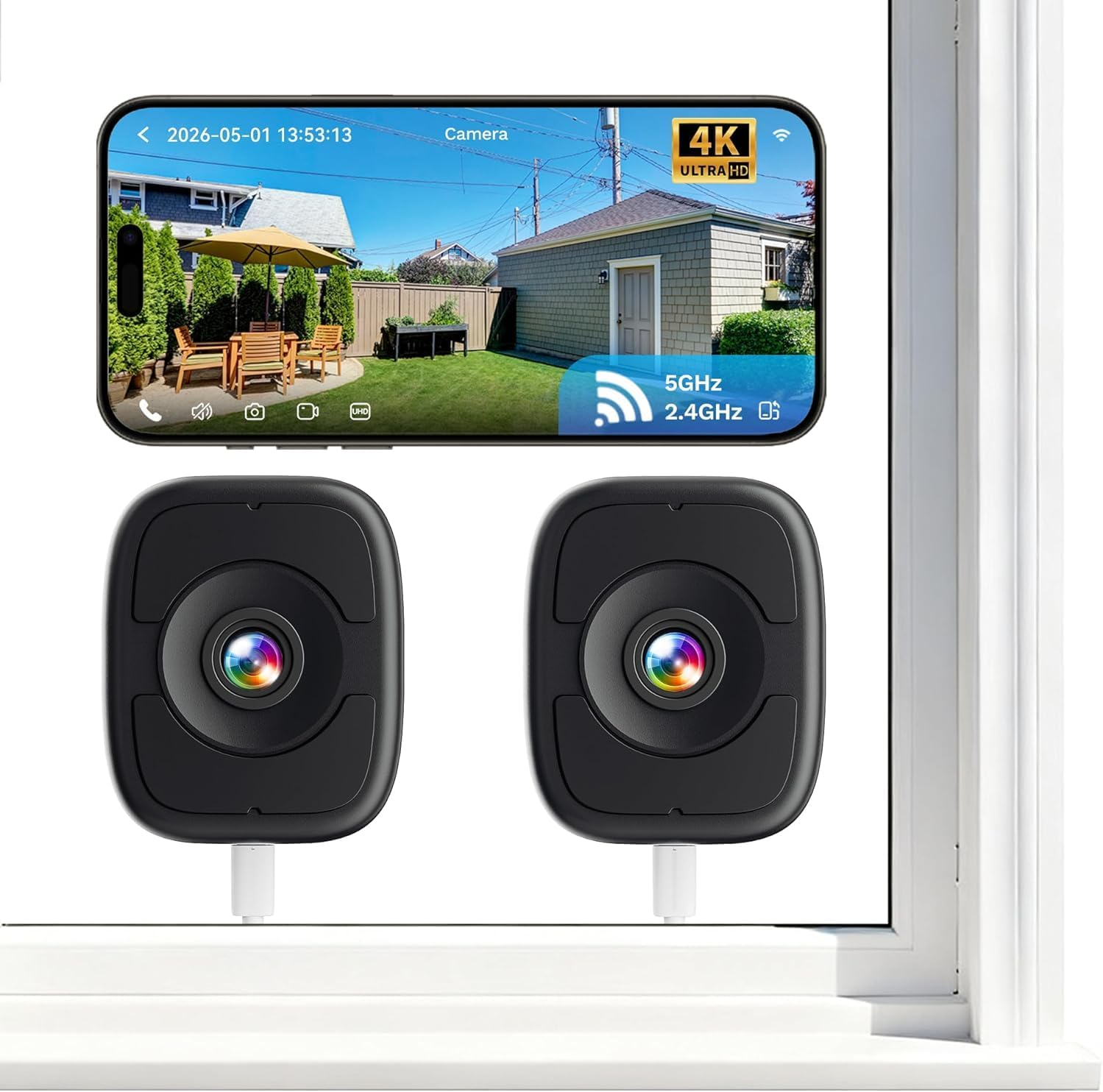 LongPlus 8MP 4K Window Camera 2 Pack, 2.4/5GHz WiFi Safeview Camera with Night Vision, Indoor Window Cameras for Home Security, Human/Car Detection, 24/7 Recording, No Drill Installation