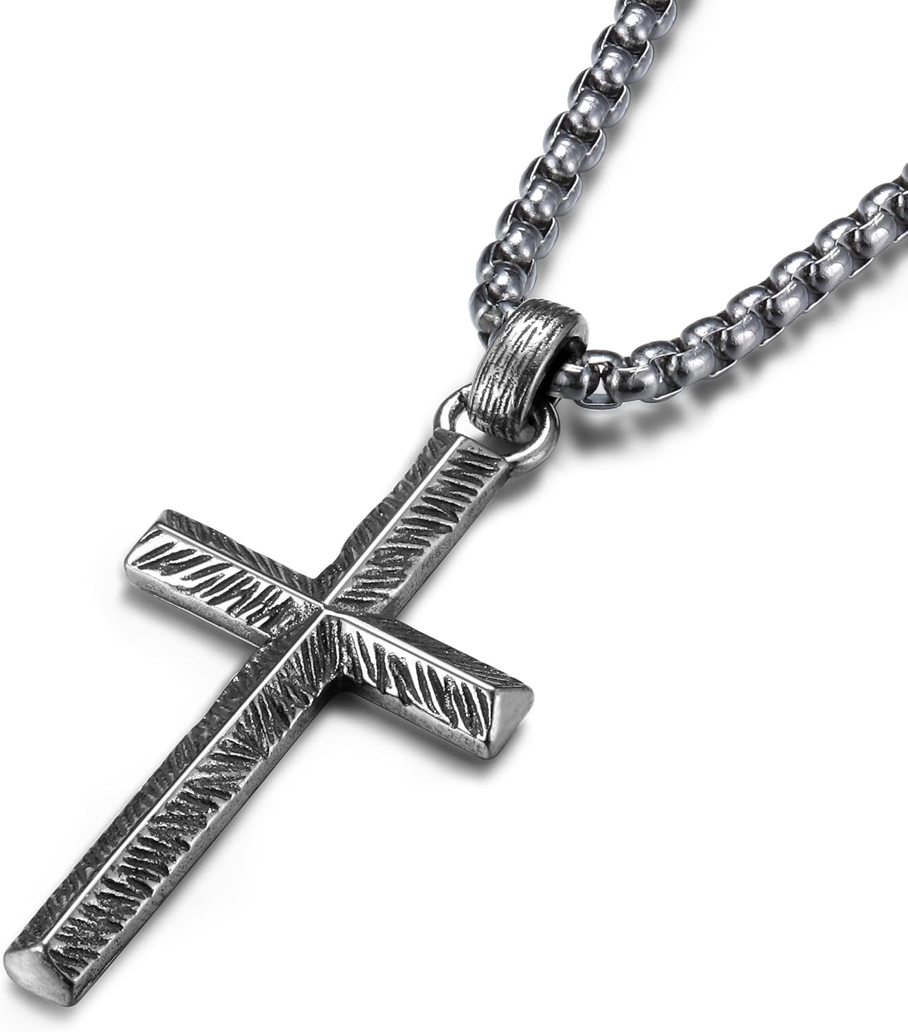 925 Sterling Silver Cross Necklace Men - Oxidized Carved Cross Pendant with Stainless Steel Box Chain Vintage Unique Crucifix Necklaces Silver Jewelry for Mens Women 18-26 Inches