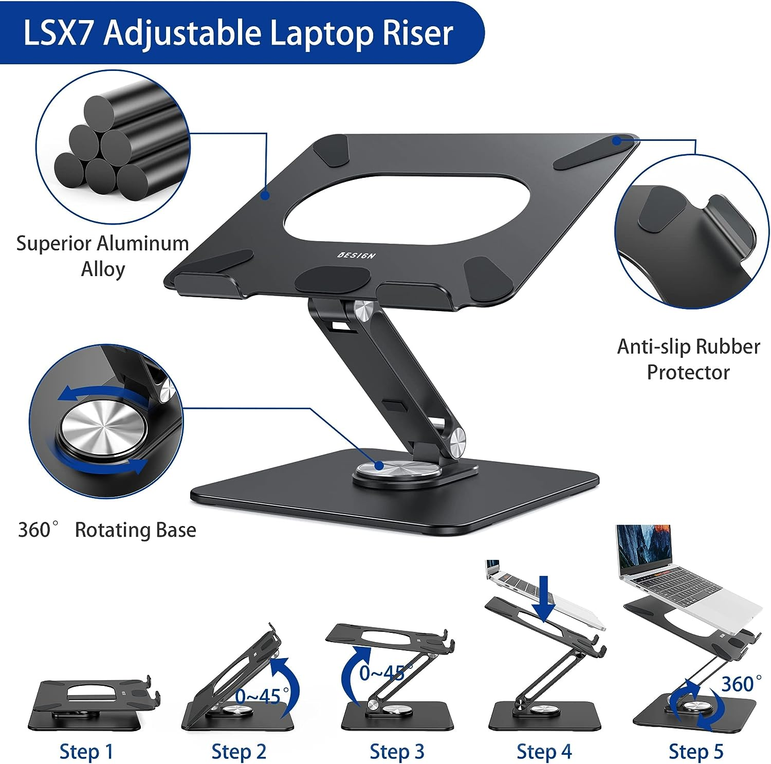 BESIGN LSX7 Laptop Stand with 360° Rotating Base, Ergonomic Adjustable Notebo... - Picture 9 of 14