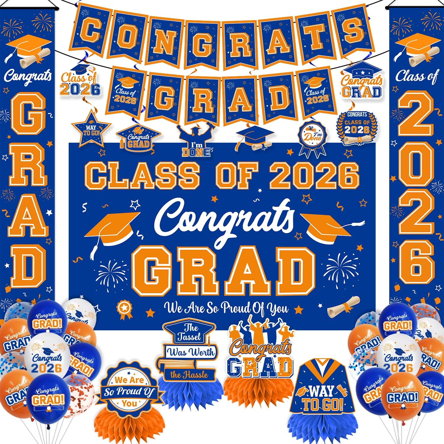 Graduation Decorations 2026 Blue and Orange Graduation Party Decor Set Include Congrats Grad Banner Backdrop Class of 2026 Balloons Party Supplies