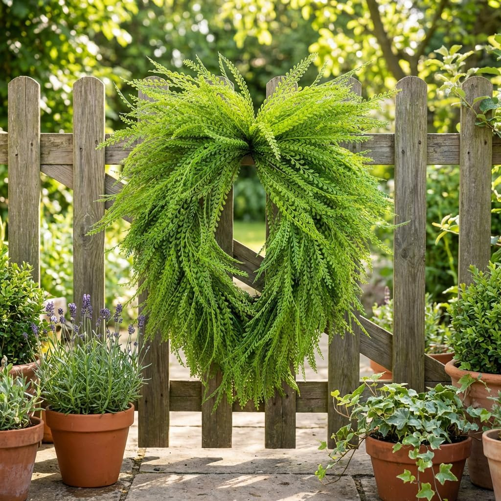 ENVEN Artificial Wreaths for Front Door, Greenery Persian Boston Fern Leaf Lush Green Artificial Wreath for Home, Porch & Wall Decor Green