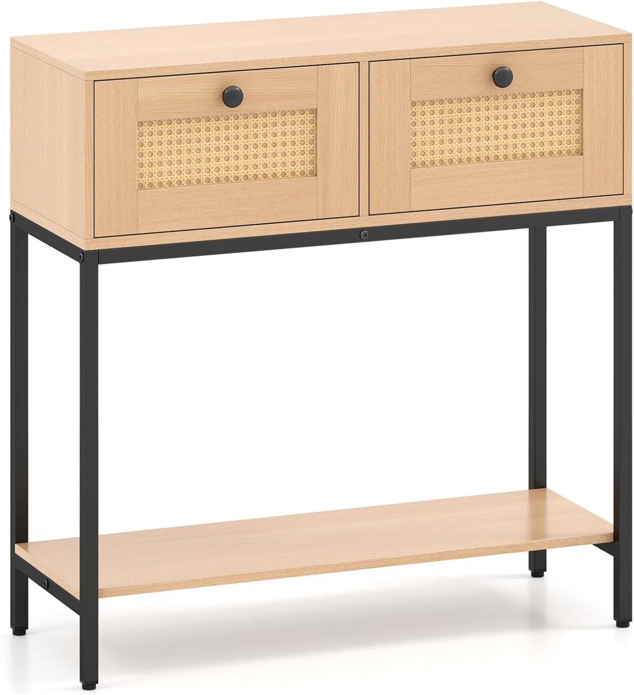 Console Table with 2 Rattan Drawers and Open Storage Shelf, Metal Frame Slim behind Couch Accent Entryway Sofa Table for Hallway, Foyer and Living Room (Natural, 80X30X82Cm)