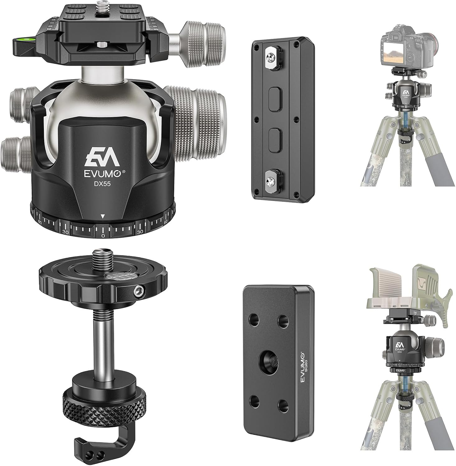 DX55 Ball Head with Conversion Kit for BOG Deathgrip Shooting Tripod, Includes 55Mm Low Profile Ball Head, Converter, Saddle Mount Plate, Arca Swiss Standard Quick Release Plate & Mlok Arca Rail
