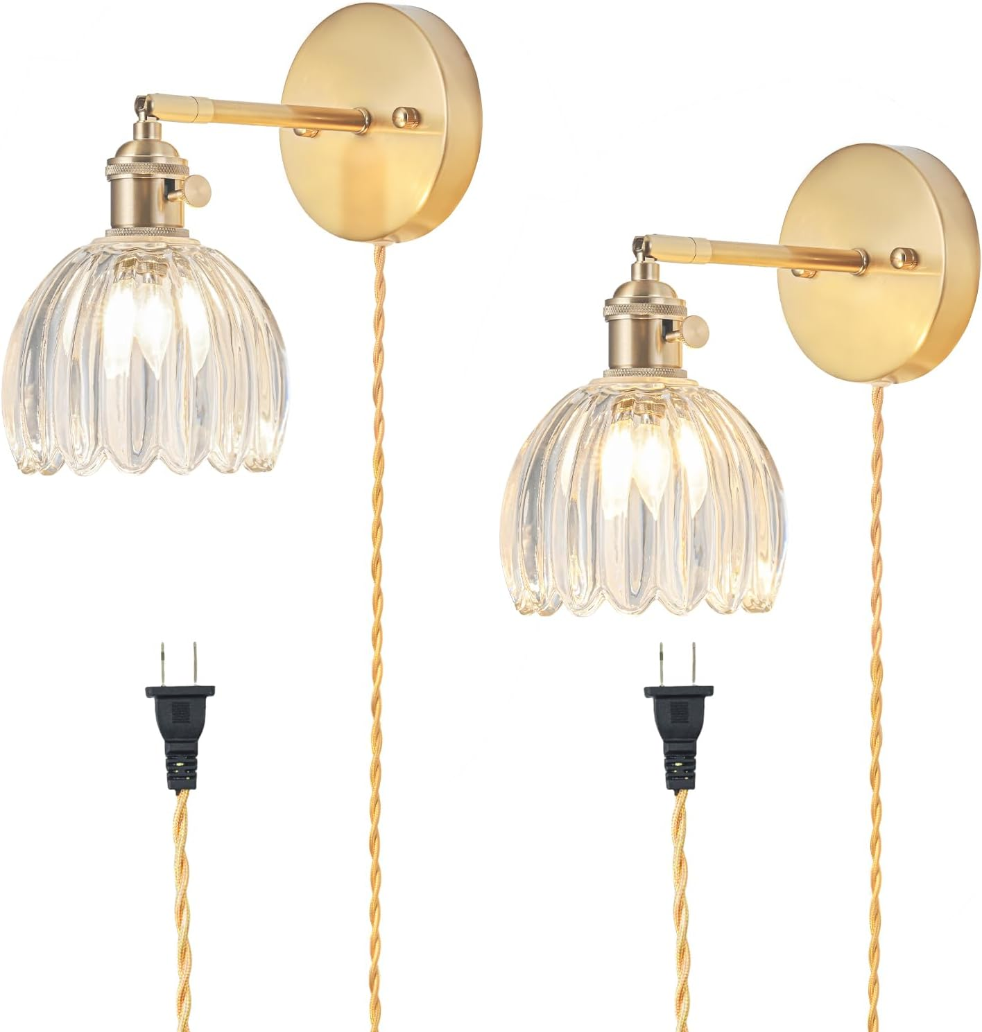 Plug in Wall Sconces Set of 2, Vintage Wall Sconce Light with Tulip Transparent Glass Lampshade, Bedroom Wall Sconce with Switch and Plug in Wall Lamp Cord, Gold Wall Light Wall Decor Set of 2
