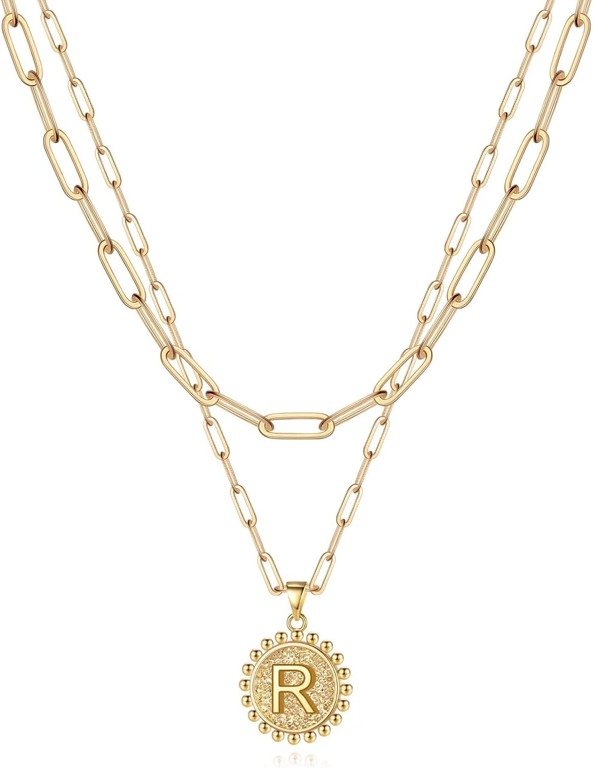 Gold Initial Necklaces for Women, 14K Gold Plated Dainty Layering Paperclip Link Chain Necklace Personalized Coin Initial Layered Gold Necklaces for Women