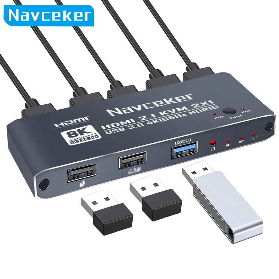 HDMI KVM Switch 8K 60Hz 4K 165Hz KVM Switcher with Remote Control 2 PC Share 1 Monitor 3 USB for Mouse Keyboard Printer