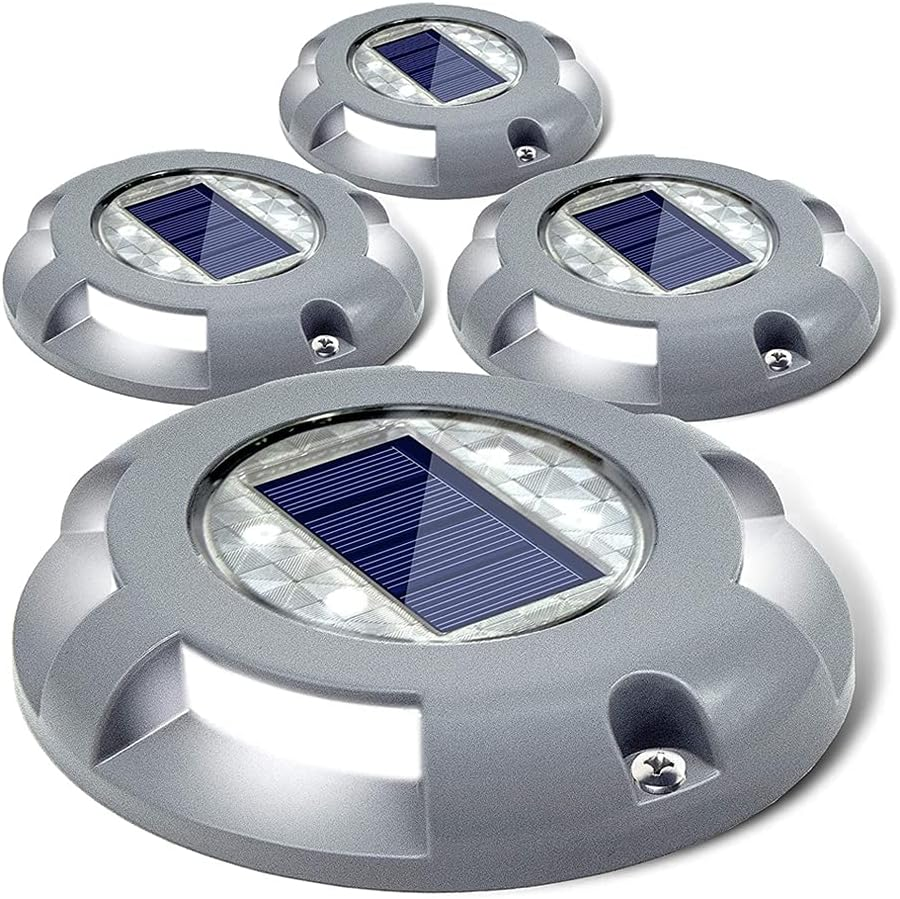 Siedinlar Solar Deck Lights Driveway Dock LED Light Solar Powered Outdoor Waterproof Road Markers for Step Sidewalk Stair Garden Ground Pathway Yard 4 Pack (White)