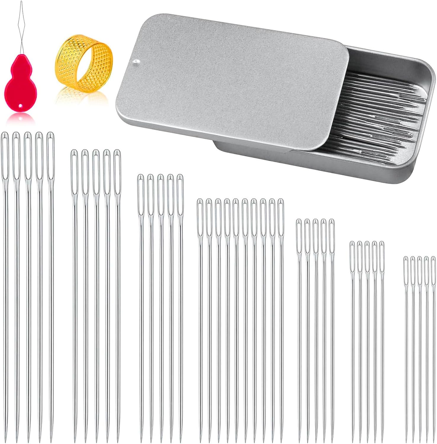 40 Pcs Sewing Needle Set,Stainless Steel Yarn Knitting Needle with Threader,Stainless Steel Large-Eye Hand Needles (7 Sizes,3.8-6.7Cm) for Knitting,Embroidery,Mending & Quilting.