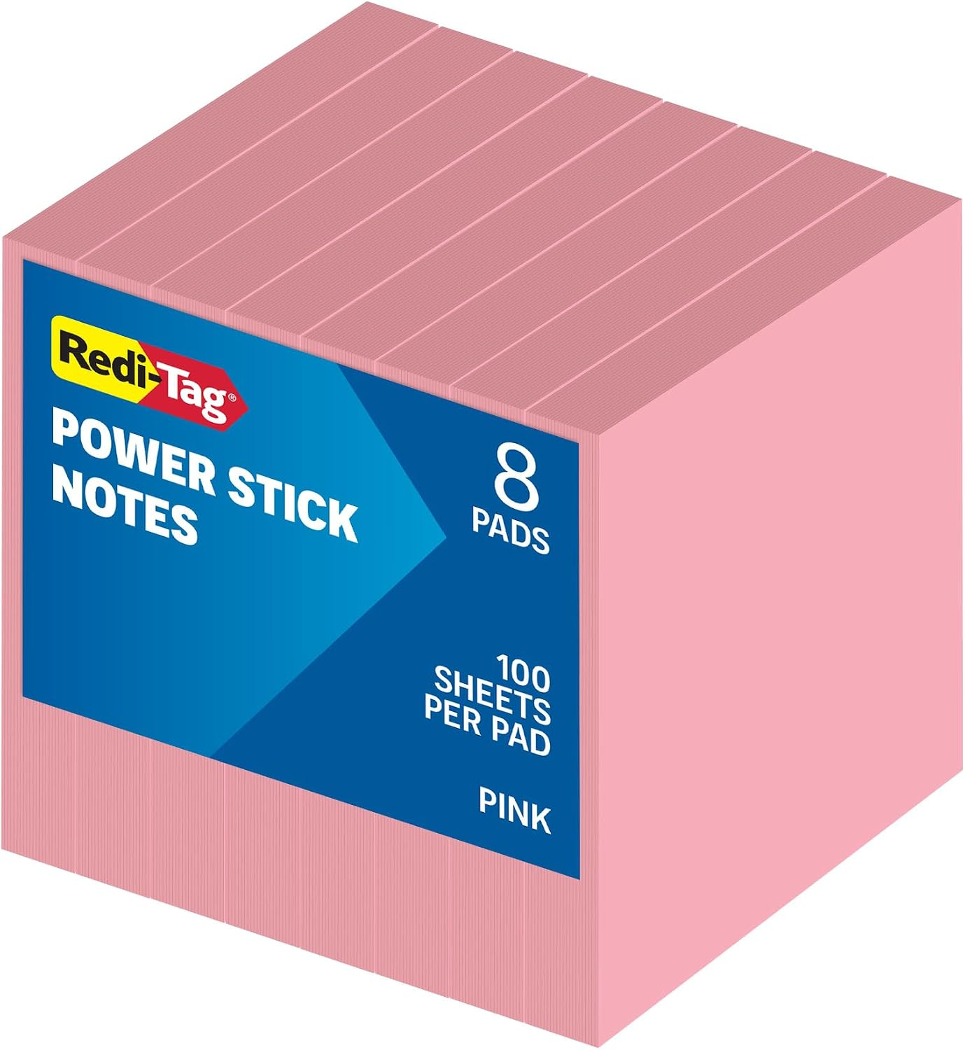 Sticky Notes, 3 X 3 Inch, Power Stick Notes, Pink, 8 Pack, Super Strong Adhesive, Recyclable Paper Memo Pads for Office, School, and Home, 100 Sheets per Pad, 800 Sheets Total