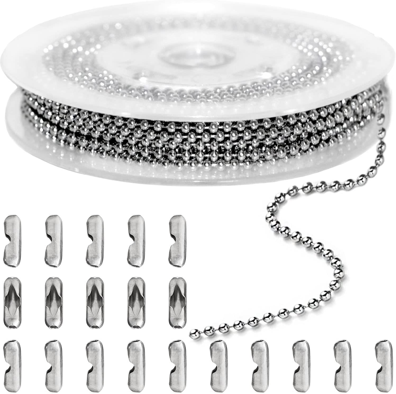 Jishi 33Ft Ball Chain 2.4Mm Silver Stainless Steel Bead Link Chain Roll for Beaded