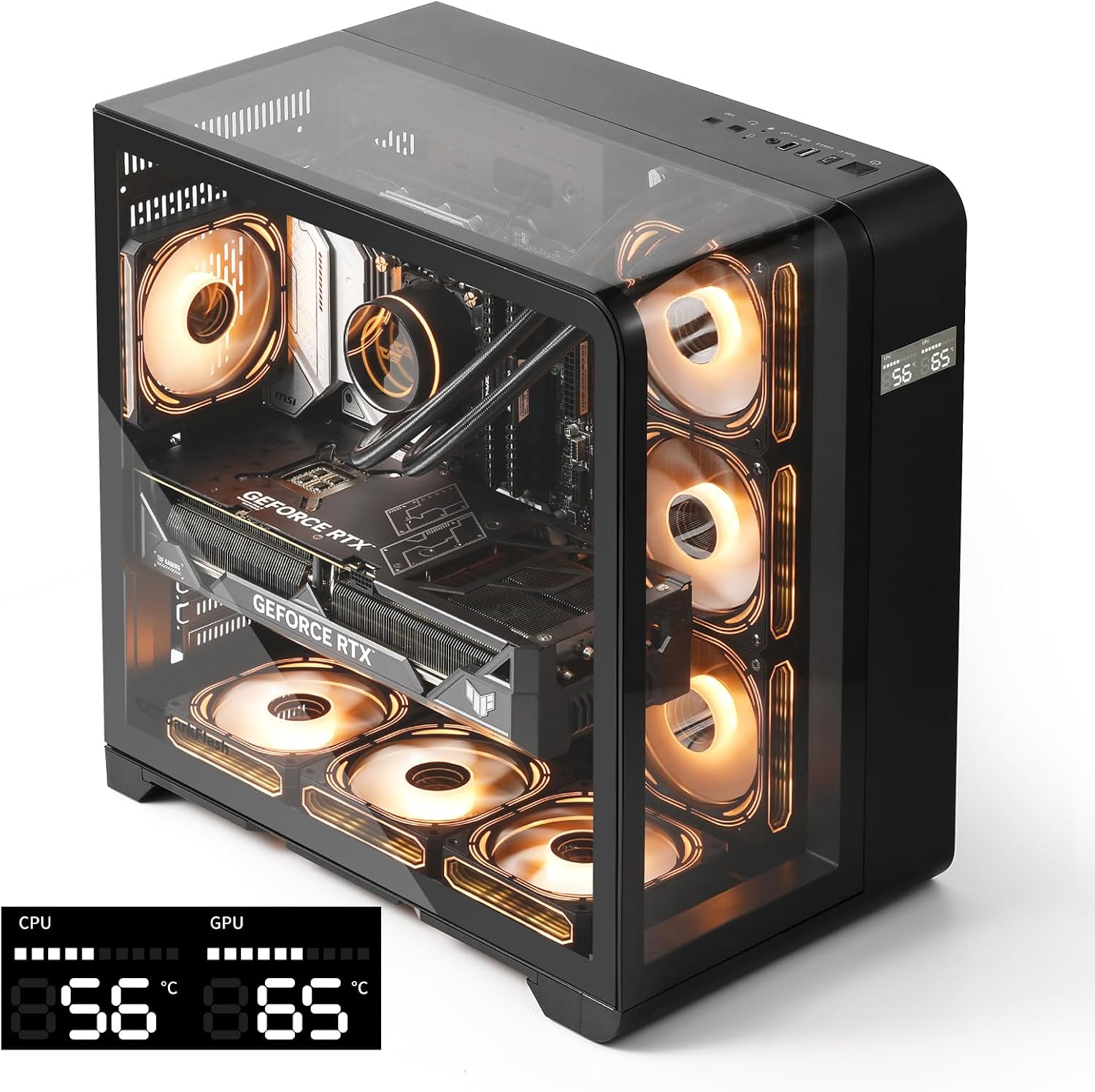 ATX Mid-Tower PC Case with Screen, Three Side Glass, Curved Full View Dual Gaming PC Case, 4 PWM ARGB Fans Computer Case Pre-Installed, Type C, RTX 40 Compatible, Black(L280)