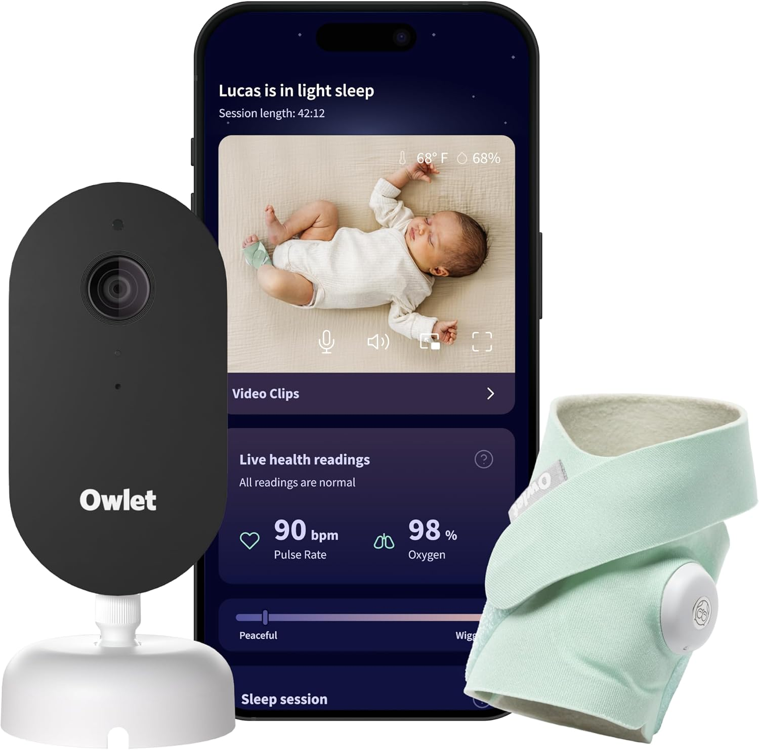 Owlet Dream Duo 3 Smart Baby Monitor System, Dream Sock + 2K HD Camera
