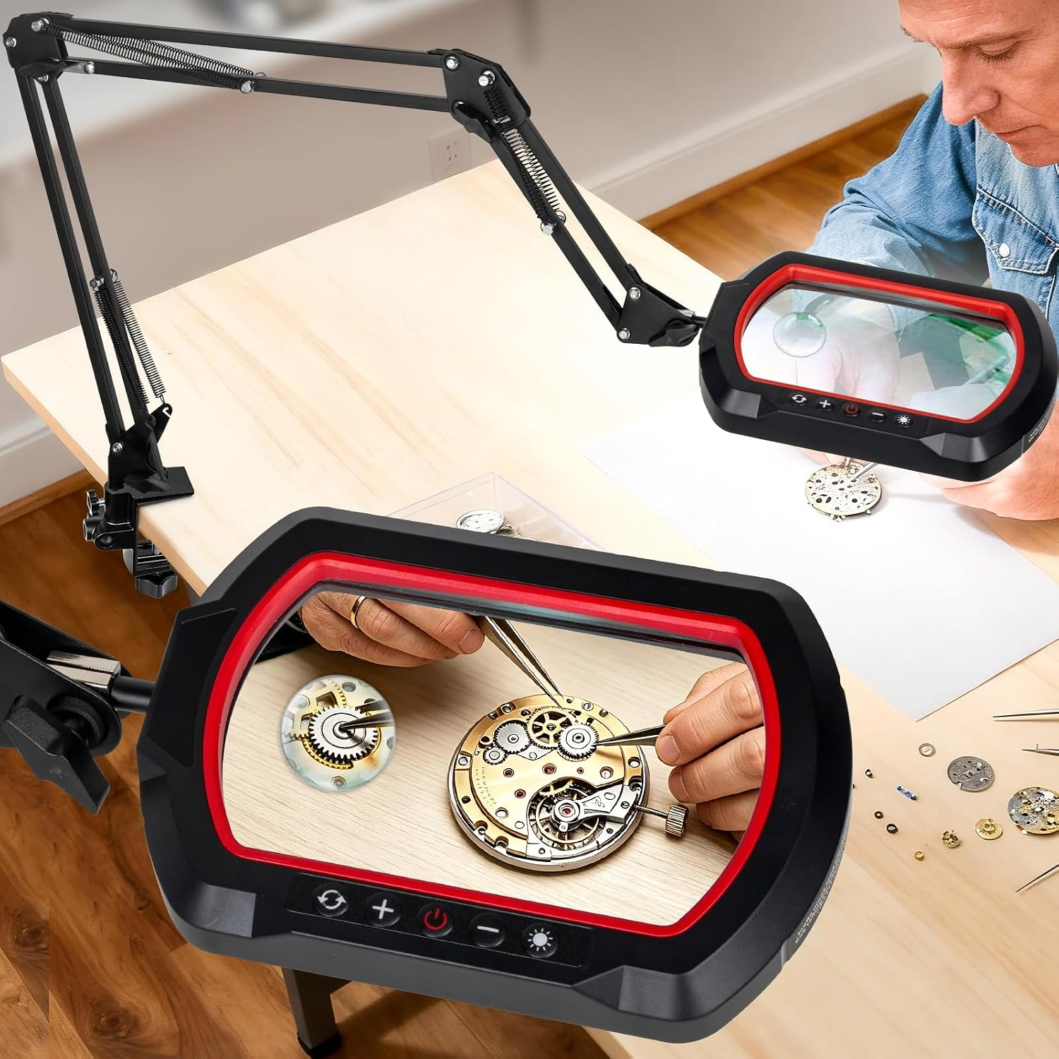 12X 30X Square Magnifying Glass with Light and Clamp | 3-Section Swing Arm Workbench Magnifier Light, 5 Colors Stepless Dimming LED Desk Lamp with Stand for Painting Reading Crafts