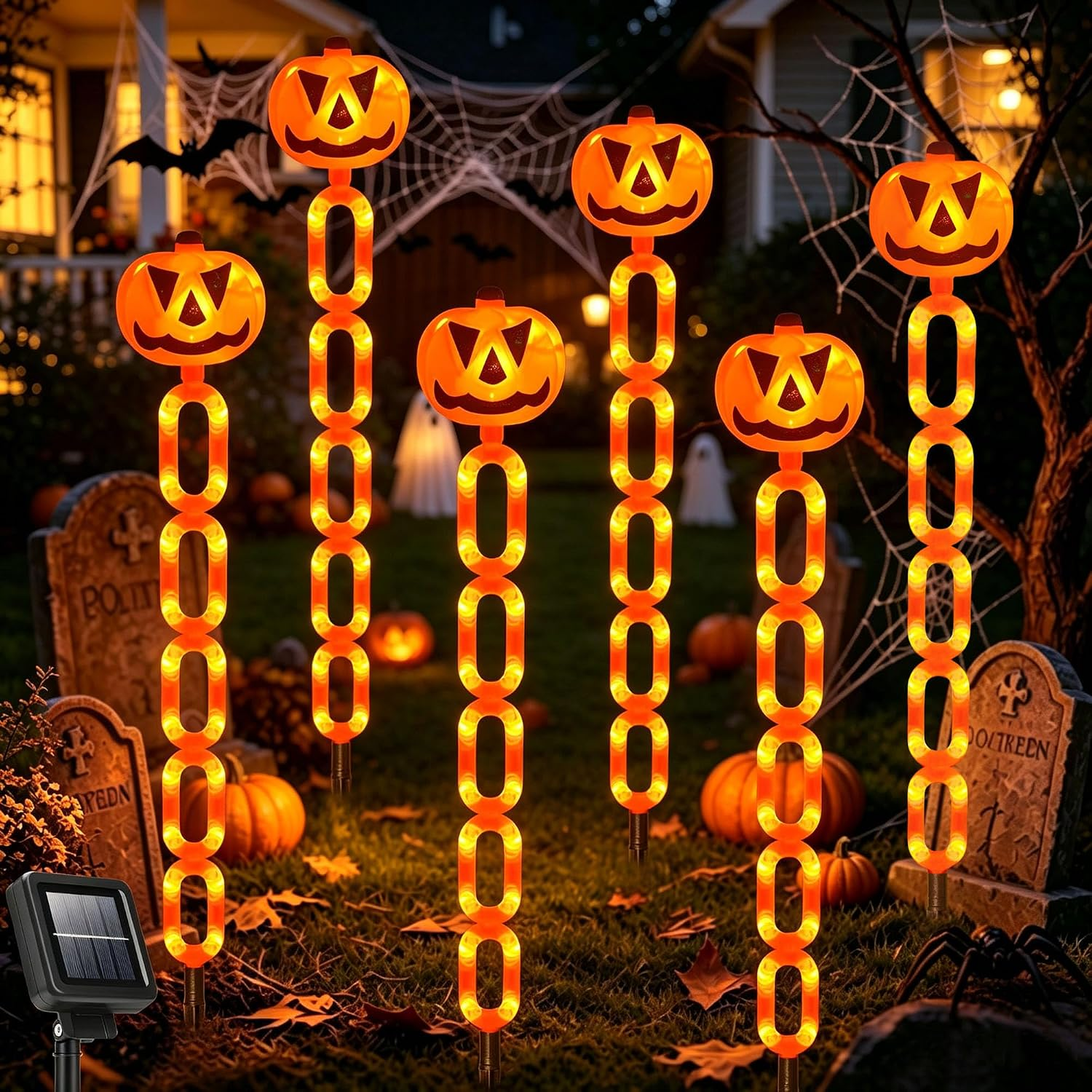 Halloween Decorations Outdoor Solar Pumpkin Chain Stake Lights, 6 Pack Orange Jack O Lantern Halloween Pathway Decor Lights for Halloween Display Garden Yard Lawn Grave Porch Spooky Decor
