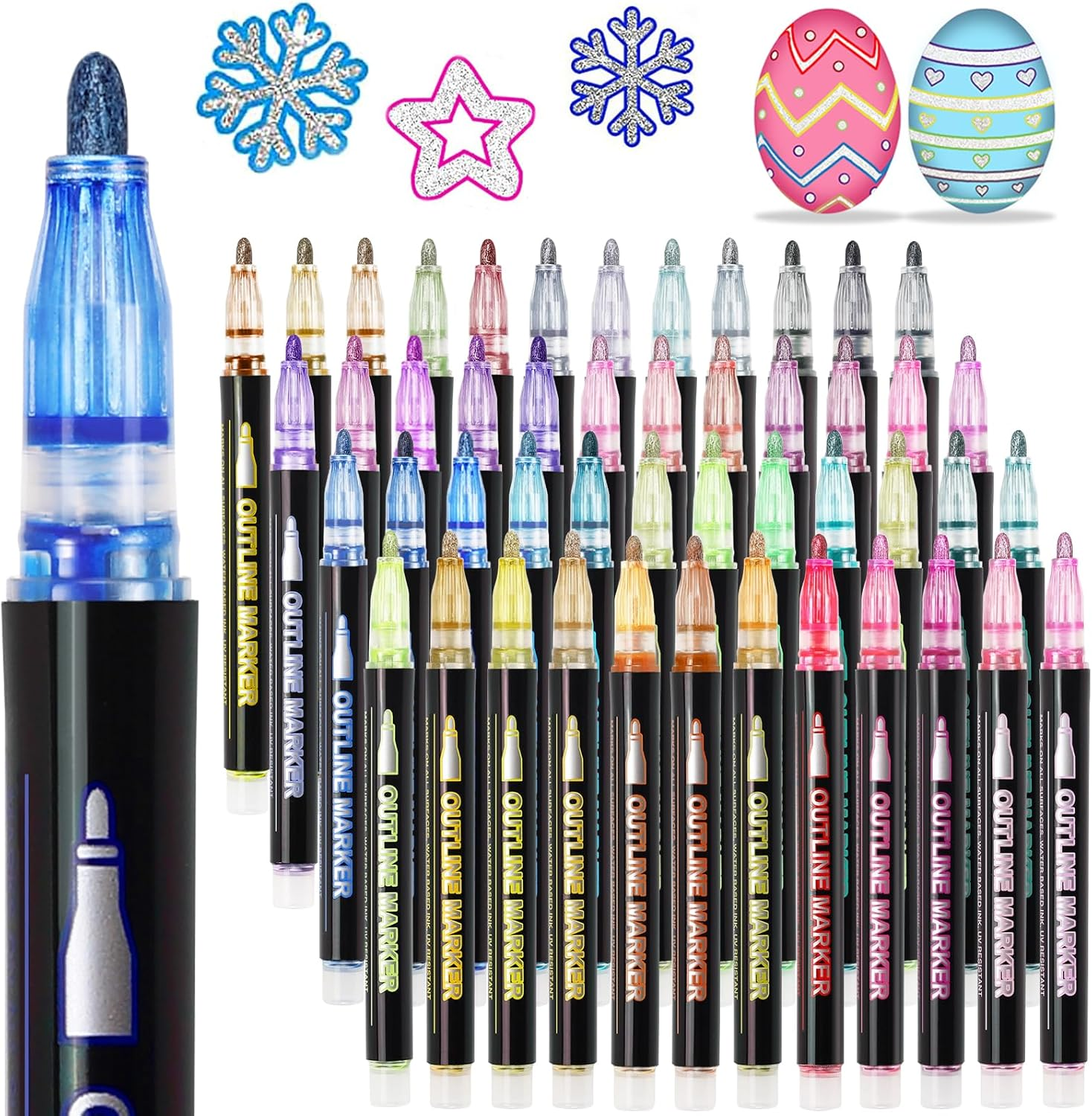 Glitter Markers Outline Pens Metallic: 48 Double Line Outline Markers,Self Outlining Glitter Pens Adult Coloring Gel Sparkle Outliner Shimmer,Teen Gifts Drawing Art Supplies Craft Cool Fun Magic Stuff