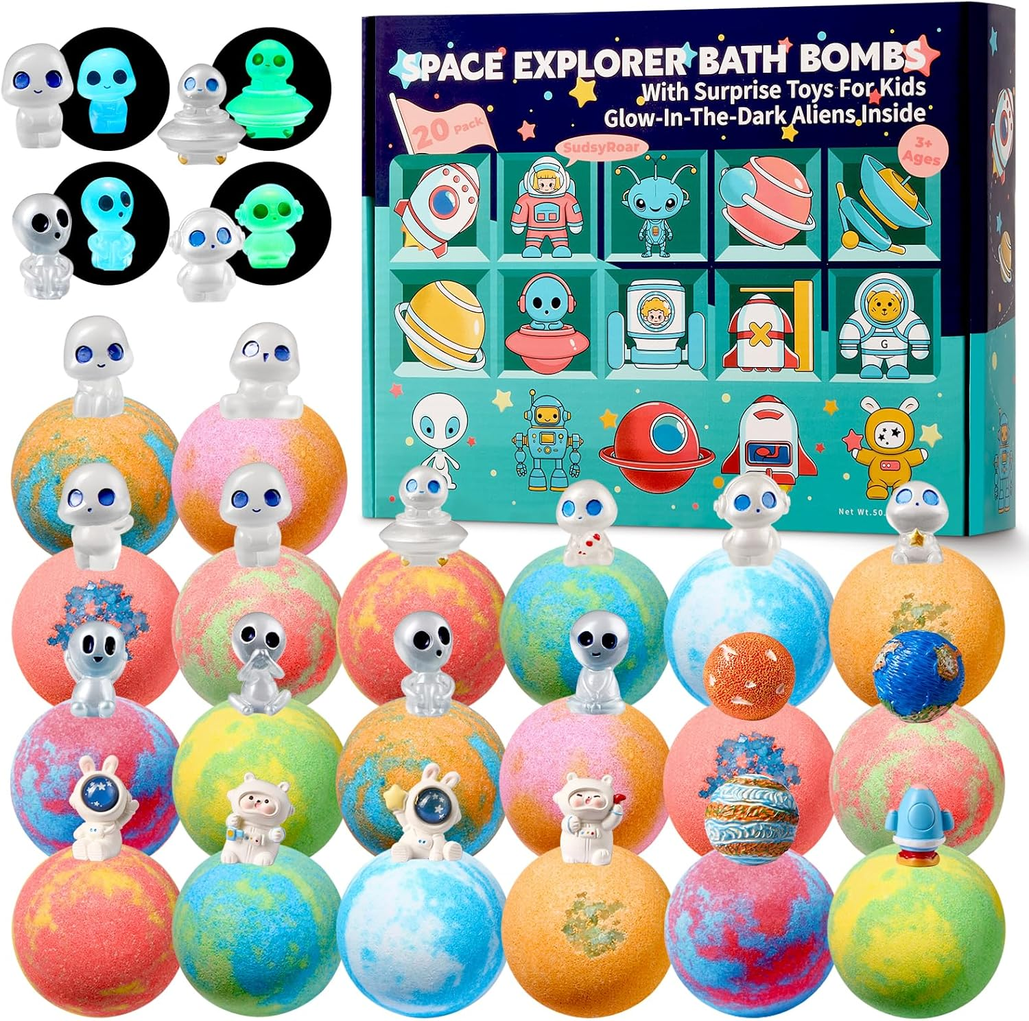 20 Pack Galaxy Bath Bombs for Kids with Space Explorer Toys, Cosmic Adventure Kids Bath Bombs with Astronauts, Rockets, Planets & Glow-In-The-Dark Aliens Inside,End-Of-School Year Gifts