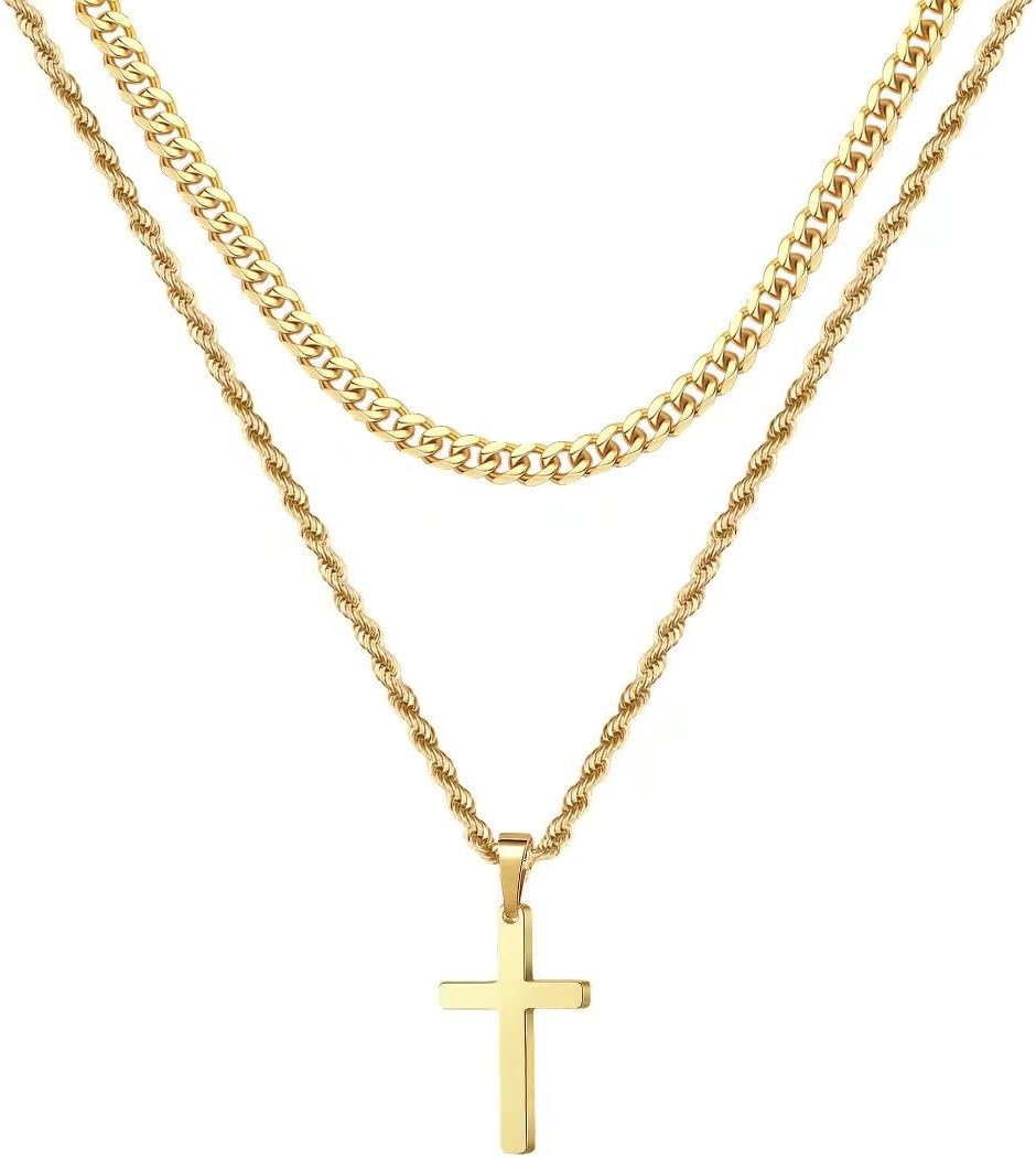 Valentines Gifts for Him - 18K Gold Plated Cross Necklaces Chain for Men Boys Gifts, Silver Rope Chain Layered Necklace Jewelry 16 18 20 22 24 Inch