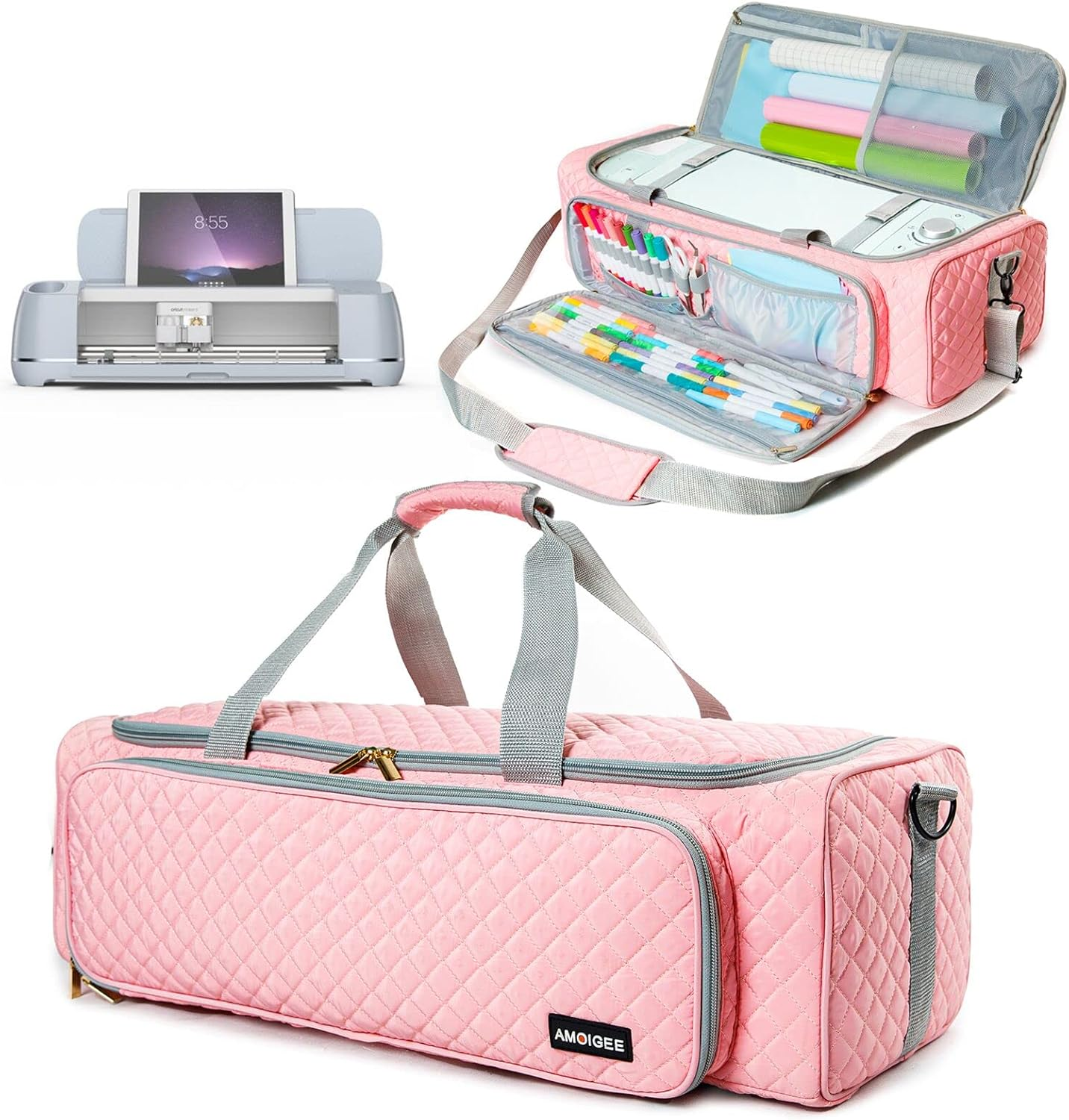AMOIGEE Carrying Case for Cricut Explore Air 2, Cricut Maker 3, Cricut Explore 3, Pink Storage Organizer for Cricut Accessories, Quilted Cricut Bag Only, Pink, Ⅰ-Cricut Carrying Case, Classic