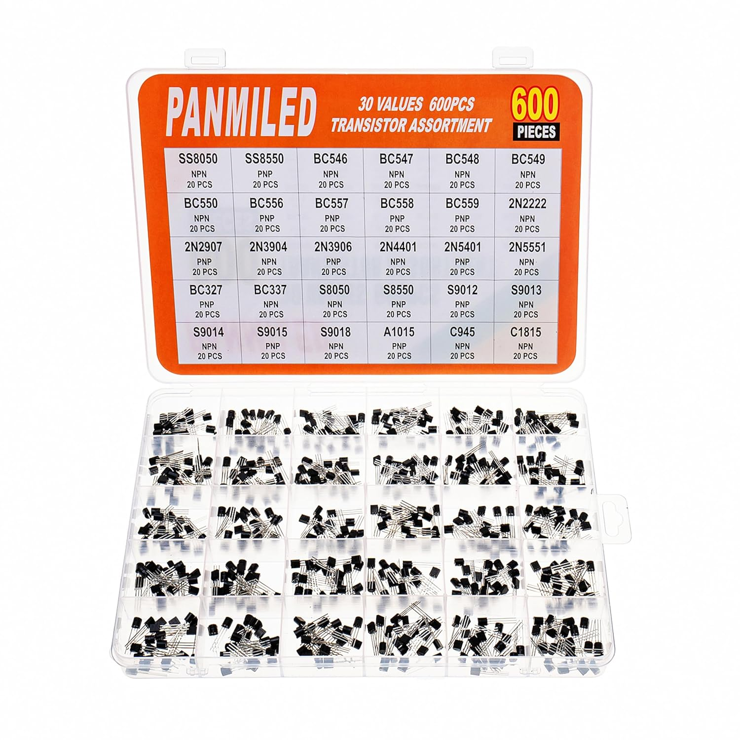 30 Values 600 Pieces Transistor Assortment Kit 2N2222 2N2907 2N3904 2N3906 2N5401 2N5551 S8050 S8550 S9012 S9013 S9014 S9015 A1015 C1815 C945 BC327 BC337 BC547 BC550 BC557 PNP NPN TO-92