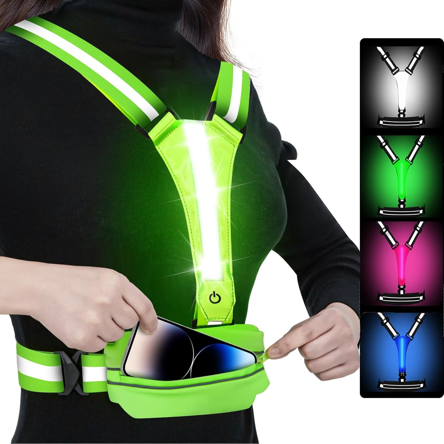 LED Reflective Light up Safety Running Vest for Biking Walking at Night,  High Visible Adjustable Running Light for Runners Rechargeable with Pouch, Reflective Running Belt Gear for Men Women