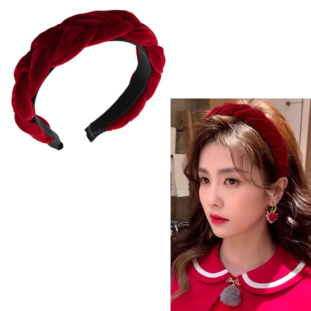 Red Velvet Braided Headband for Women Puffy Braid Headbands Thick Wide Head