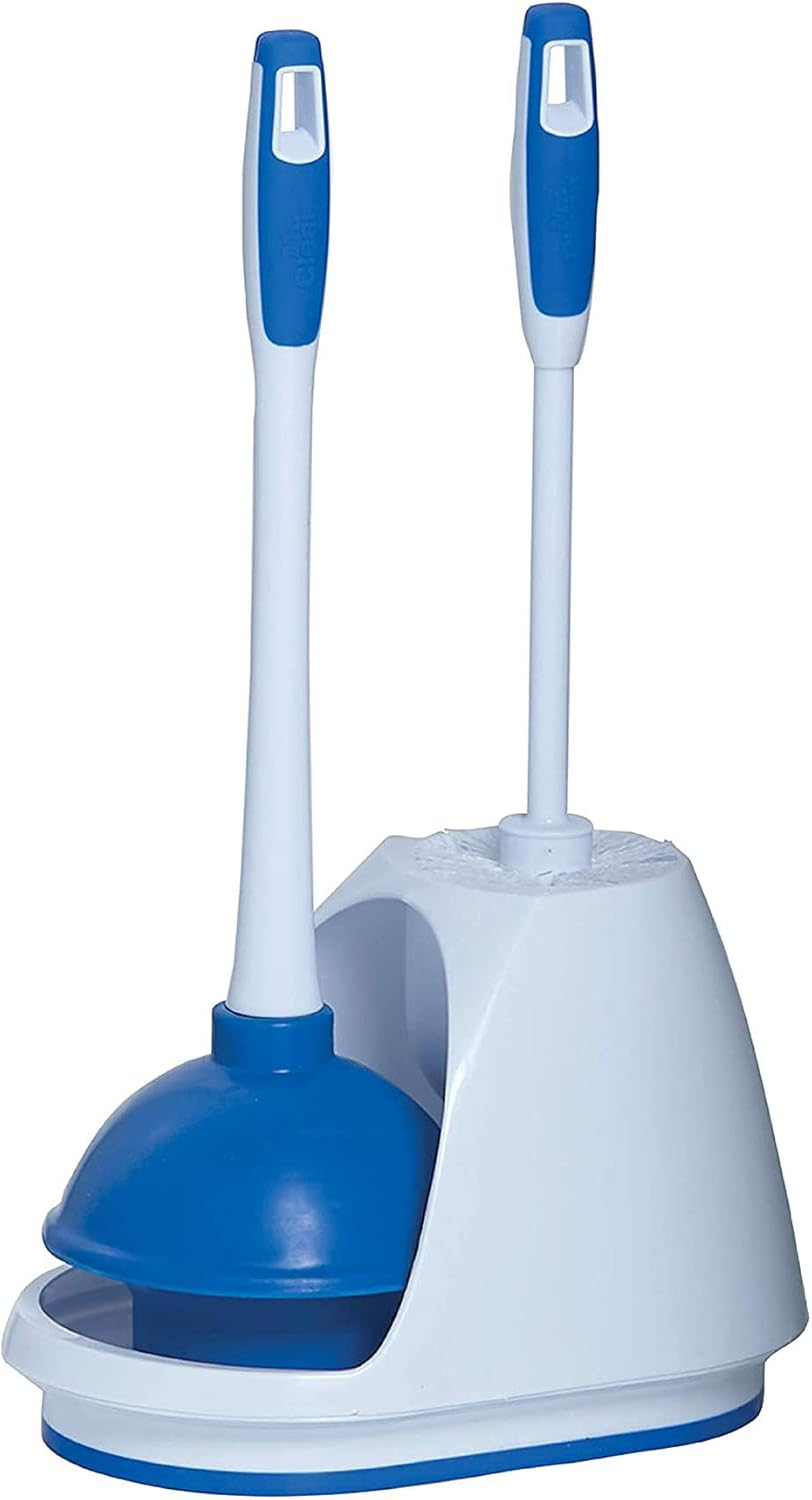 Toilet Plunger and Bowl Brush Combo with Caddy, 3-Piece Heavy-Duty Plunger, Toilet Brush, and Caddy Set, White/Blue