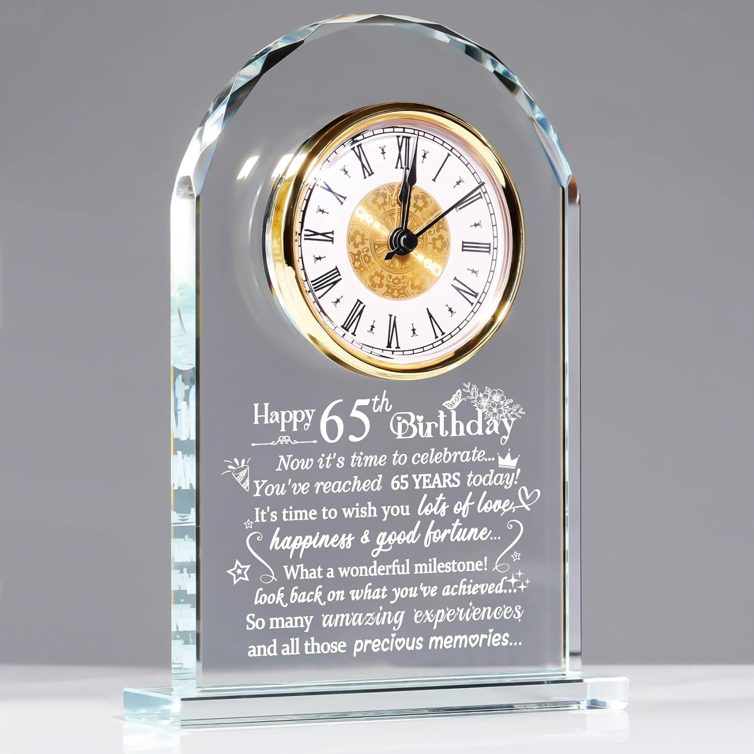 Happy 65Th Birthday Quartz Clock Gifts for Women Men - 65 Years Old Birthday Presents for Couple Wife Her - Best 65Th Birthday Gift for Friend Sister, Glass Quartz Desk Clock Plaque