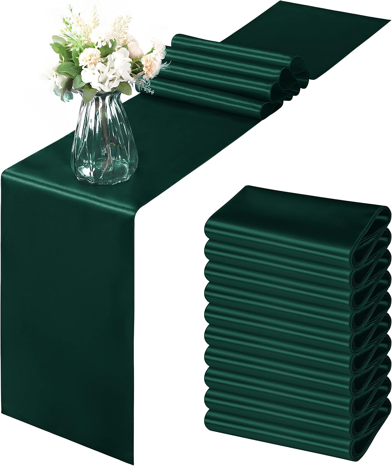 12 Pack Forest Green Satin Table Runner 12 X 108 Inch, Smooth Table Runners for Wedding Banquets Birthday Party