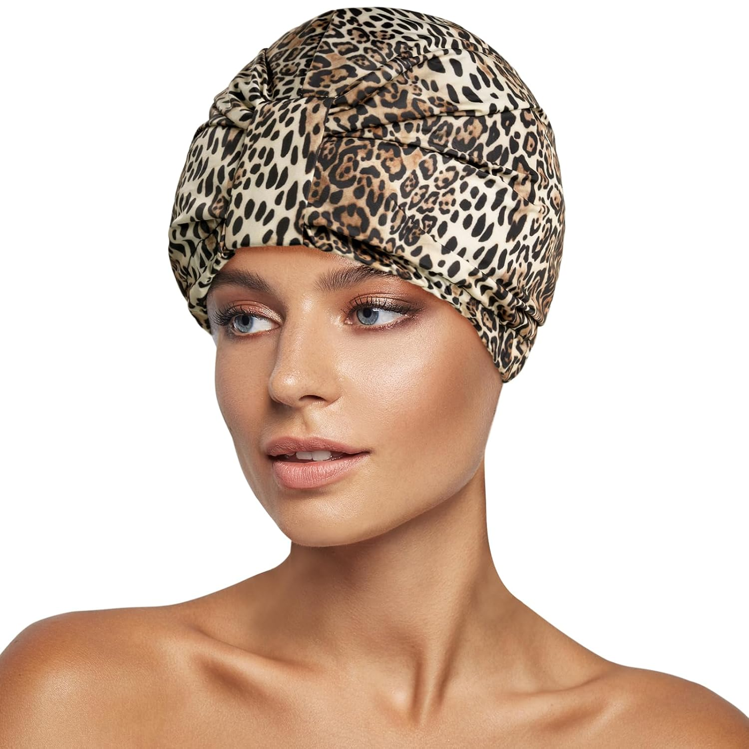 Luxury Shower Cap for Women Reusable Waterproof, Double Layered Shower Hair Cap with Adjustable Elastic Strap, Large Satin Lined Shower Bath Cap for Long Curly Straight Hair, Leopard