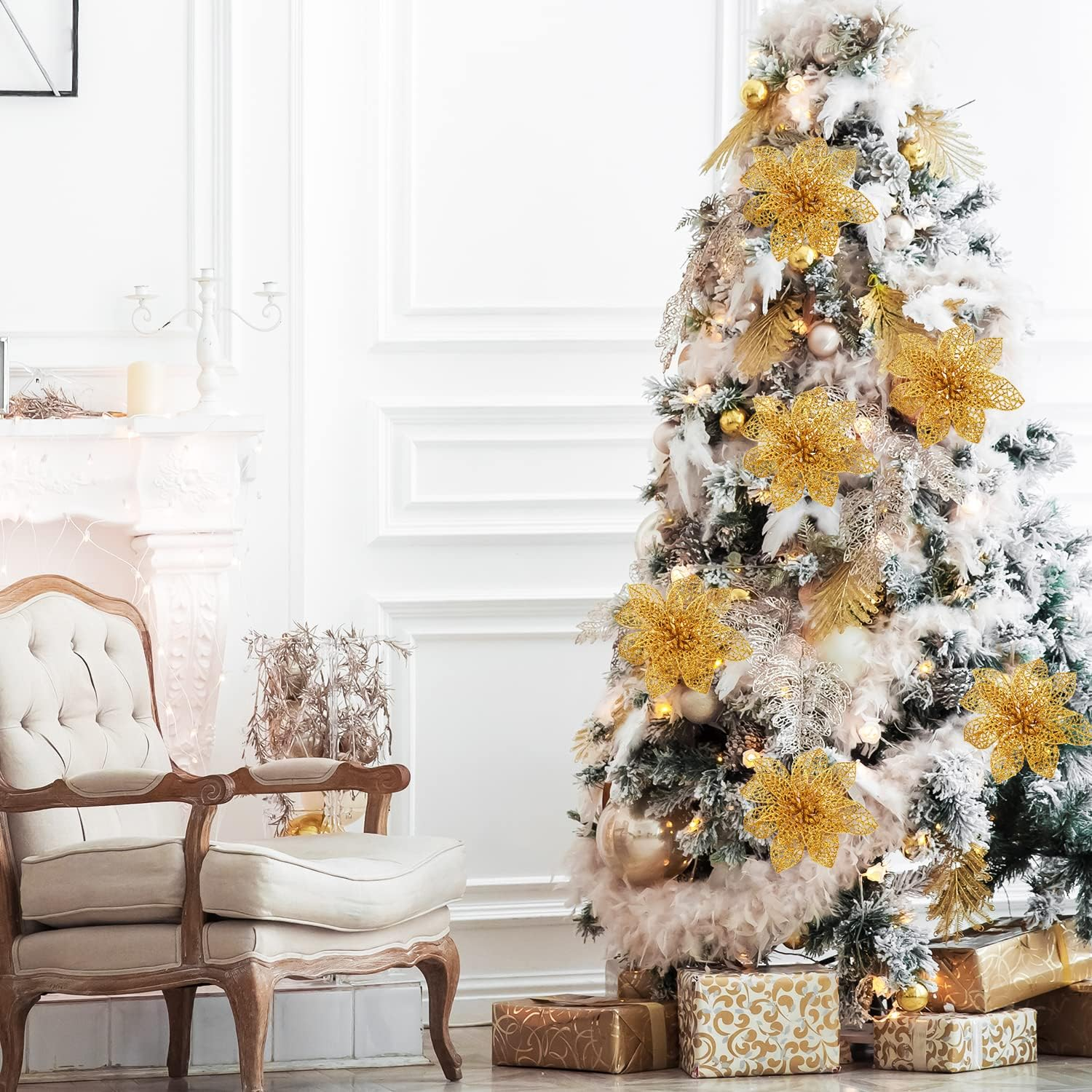 Euvoym 12 Pieces Gold Christmas Large Poinsettia Glitter Flower Tree Hanging ... - Picture 5 of 15