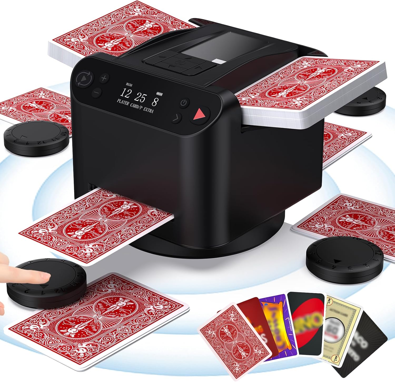 Automatic Card Shuffler and Dealer 2-In-1, 2-12 Players Card Dealer with 4 Wireless Remote, 360° Rotating 2 Decks Card Shuffler for UNO, Poker, Texas Hold'Em, Monopoly, Blackjack