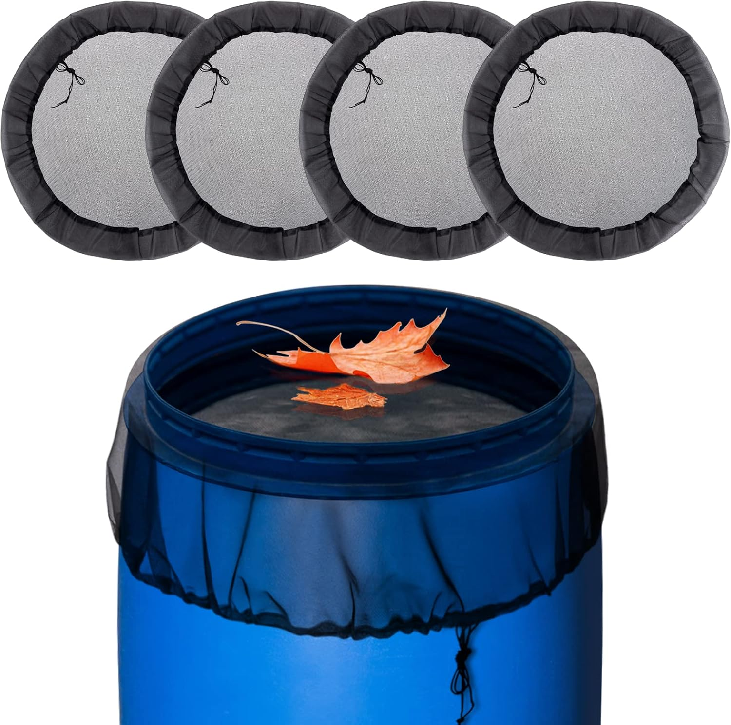 4 Pcs Mesh Cover for Rain Barrels - Rain Barrel Net Cover with Drawstring Rain Barrel Netting Screen for Preventing Fallen Leaves Debris and Small Objects in the Garden or under the Eaves - 39In