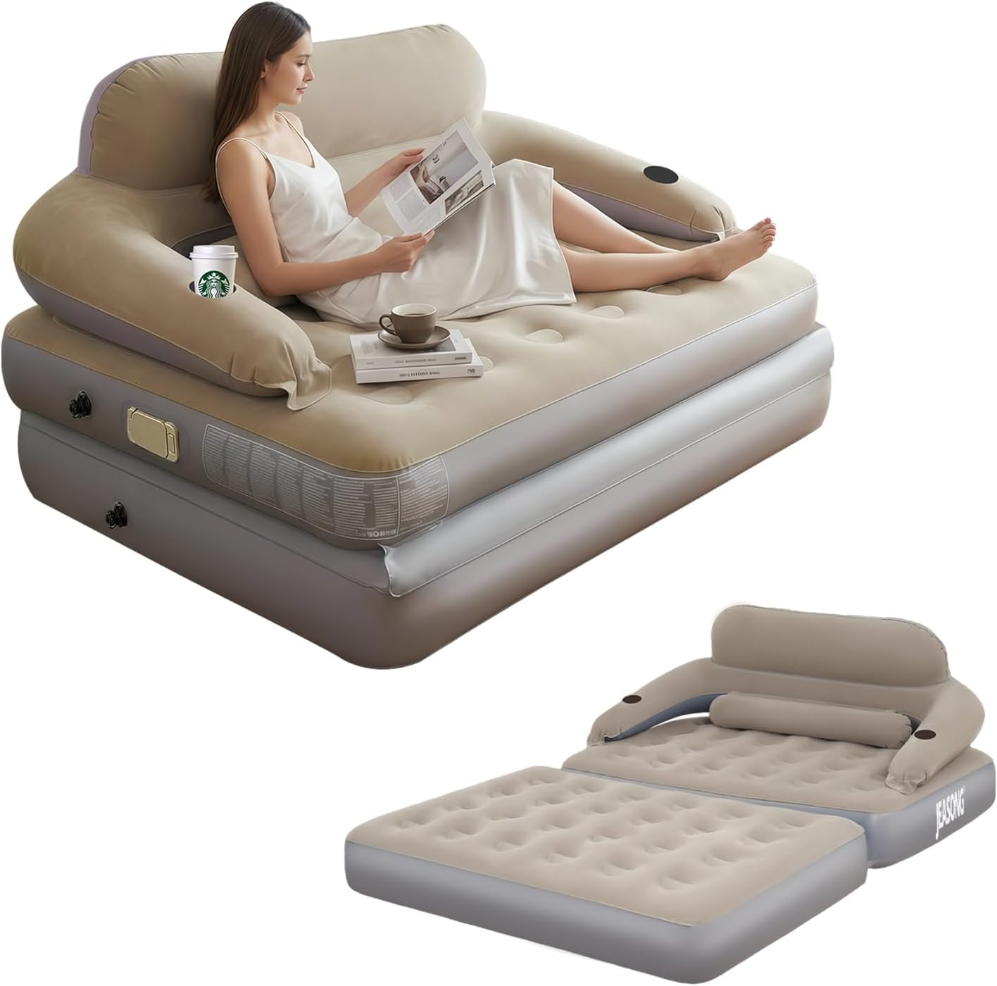 JEASONG Blow up Couch Air Mattress Queen with Built in Pump, 2-In-1 Air Sofa & Inflatable Mattress, Airbed Blow up Mattress with Headboard & Cupholder, Inflatable Couch for Camping, Movie Night, Guest