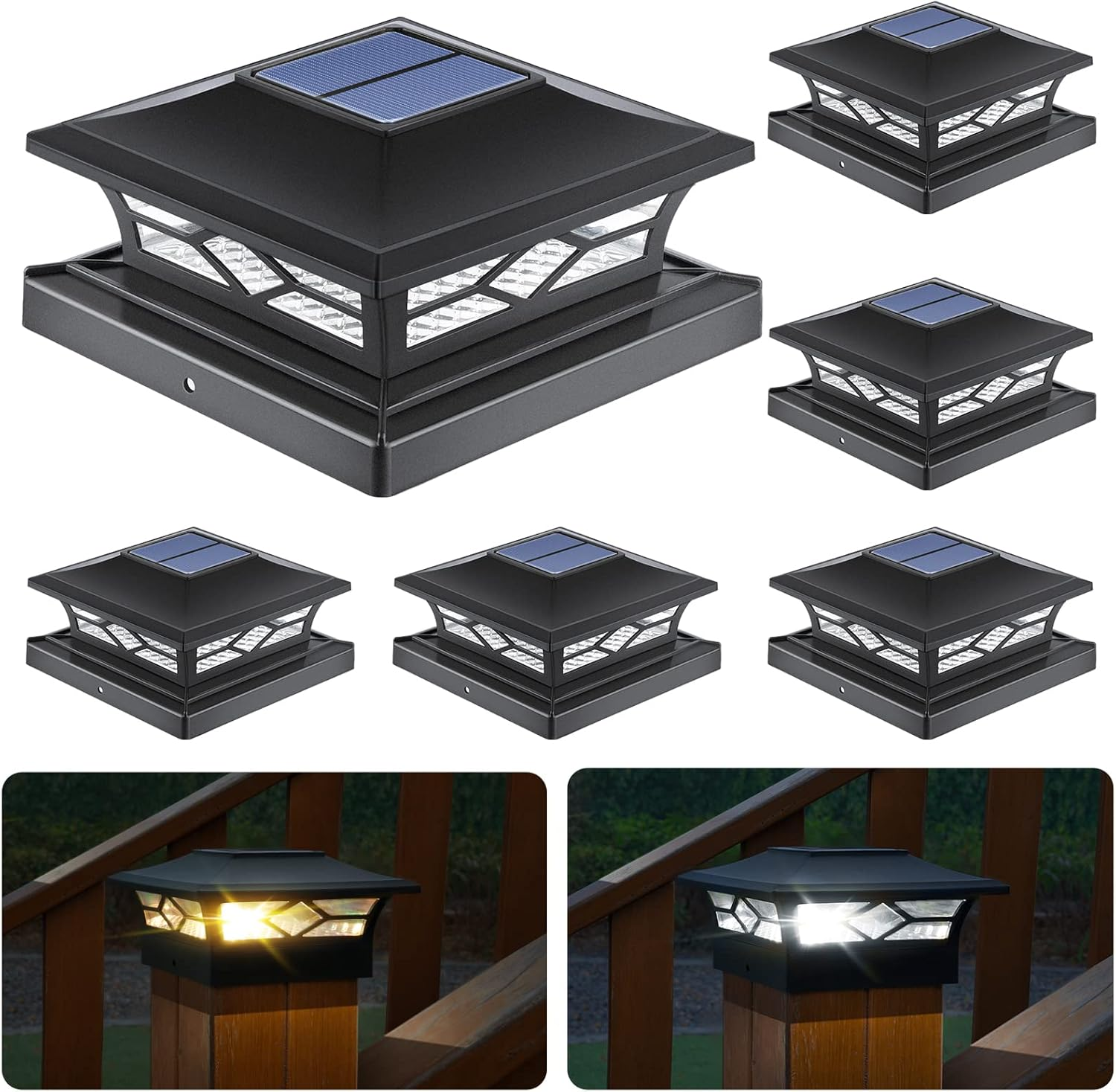 Solar Post Cap Lights Outdoor, Solar Post Lights 2 Lighting Modes Outdoor LED Light, Solar Fence Post Lights for Fence Deck Caps 4x4 6x6 Wood, 4x4 5x5 Vinyl, Black 6 Pack