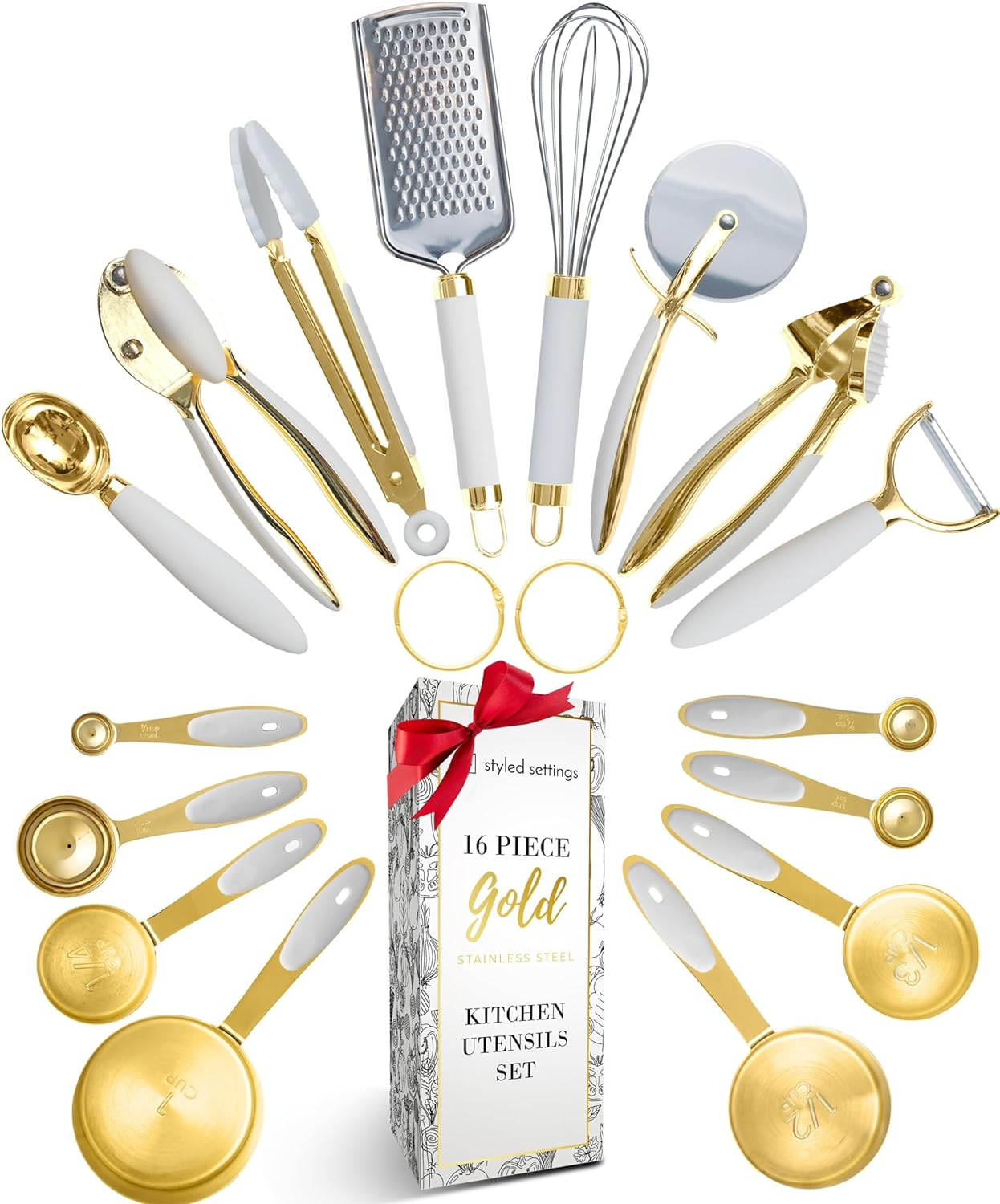 Styled Settings White and Gold Kitchen Utensils Set – 16-Piece Silicone Cooking Utensils with Measuring Cups and Spoons