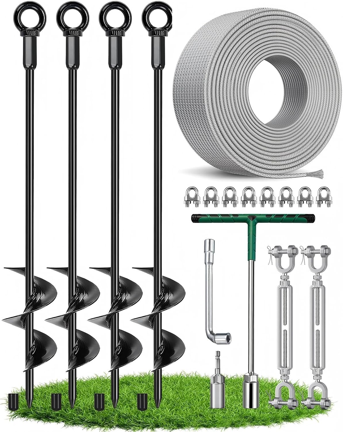 30" Ground Anchors Screw in Heavy Duty Shed Anchor Kit W/ 3/16" Cable, 304 Jaw Turnbuckles, Cable Clamps, Drill Adapter, Wrench, 4 Pack Hurricane Tie down Earth Anchors for Carport, Gazebo