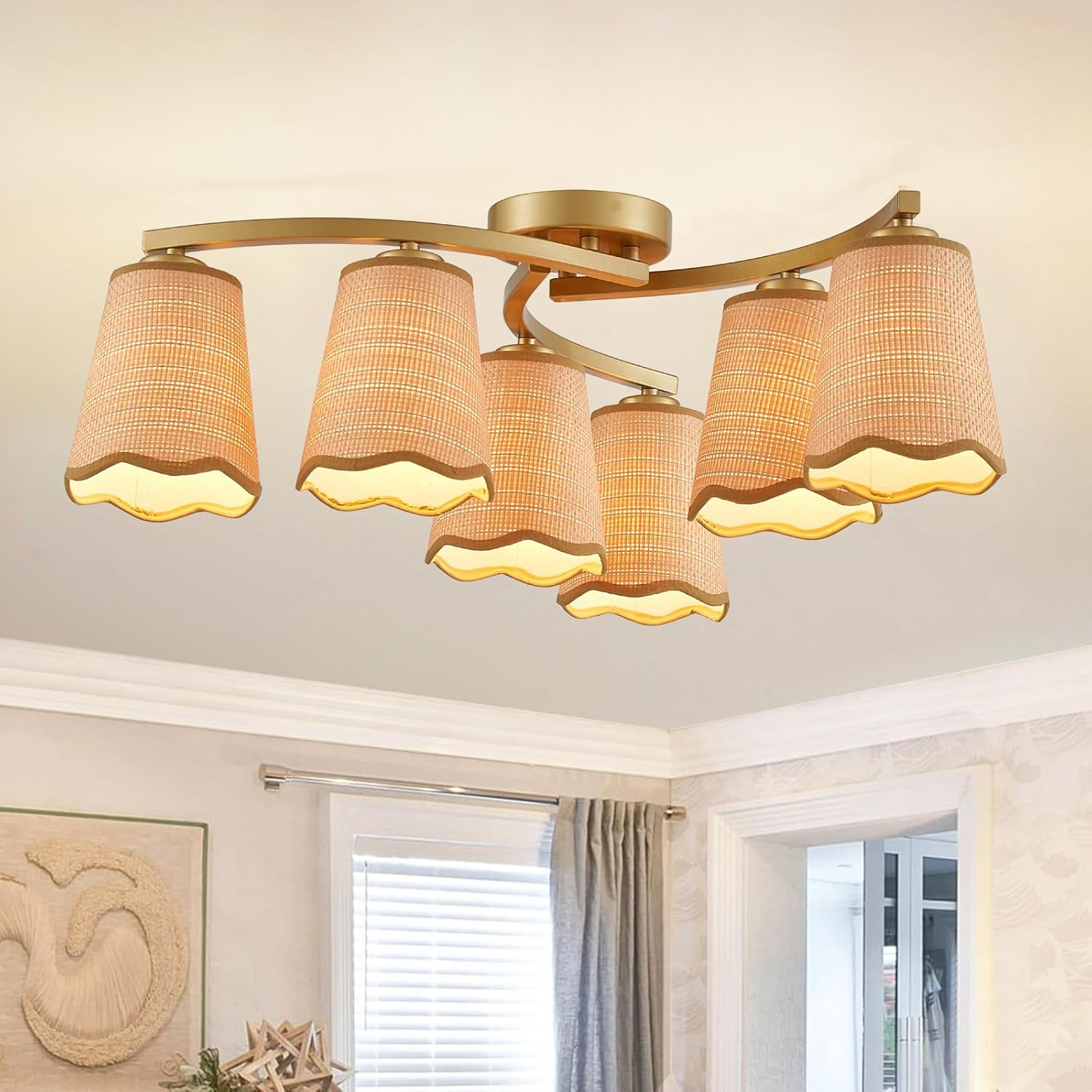 Boho Rattan 6-Light Chandelier - Rustic Semi Flush Mount Ceiling Fixture