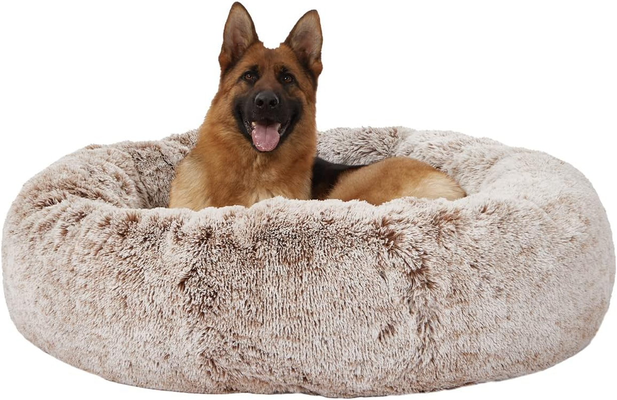 Calming Donut Dog Bed, 45 Inch round Plush Bed for Extra Large Dogs, Anti-Anxiety, Washable with Non-Slip Bottom (Brown, Extra Large)