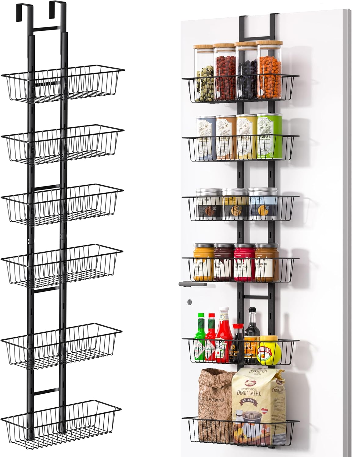 over the Door Pantry Organizer, 6-Tier Adjustable Pantry Organizers and Storage, No-Assembly Foldable Metal Hanging over the Door Organizer for Kitchen, Home, Laundry Room, Bathroom
