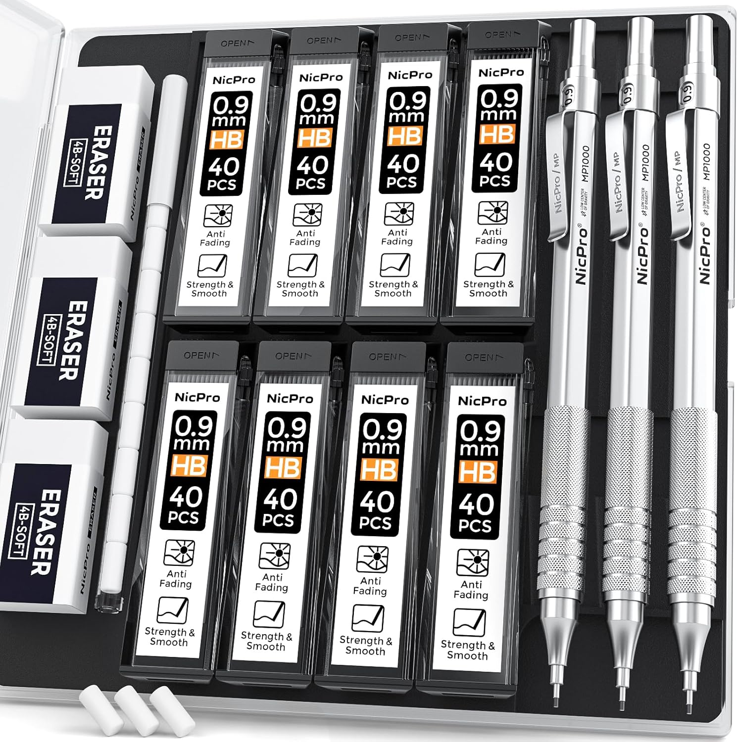 Nicpro 0.9 Mm Metal Mechanical Pencil Set with Case, with 3PCS MP1000 0.9Mm Drafting Pencil, 8 Tubes HB Lead Refills, 3PCS Eraser, Erasers Refills for Artist Writing, Drawing, Sketching, Silver