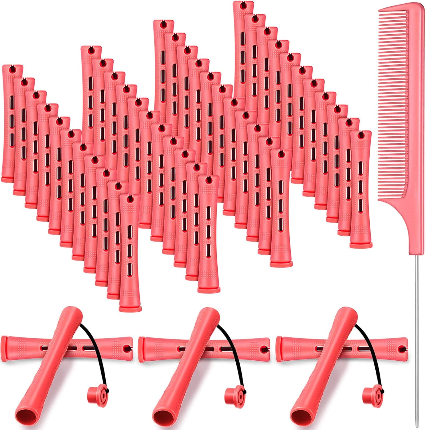 48 Pieces Hair Perm Rods Short Cold Wave Plastic Perming Hair Curling Rollers with Steel Pintail Comb Rat Tail Comb for Hairdressing Styling Supplies (0.51 Inch, Pink)