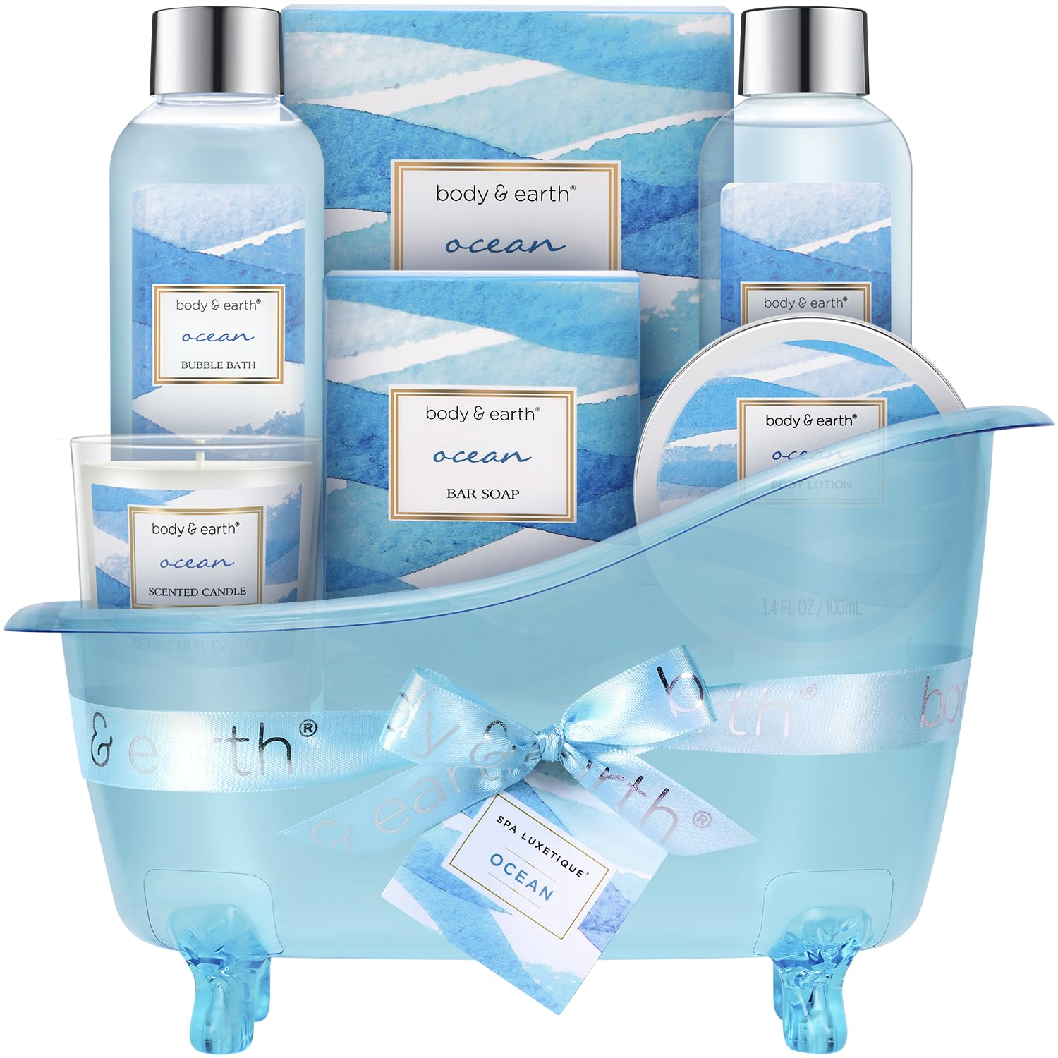 Bath and Body Gift Set for Women, Ocean Gift Basket, 7 Pcs Bath Sets for Women Gift with Bubble Bath, Body Lotion, Scented Candle, Spa Kit for Her, Mother'S Day Gifts for Mom