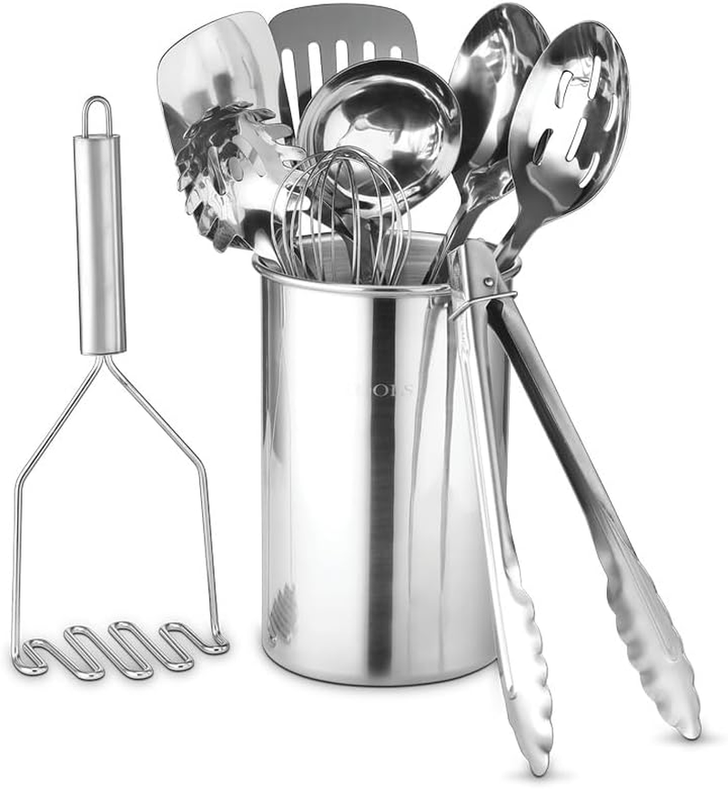 ® Premium Set of 10 Stainless Steel Kitchen Tool Set with Holder Easy to Clean, Space Saving, Great for Cooking, Baking, Prepping
