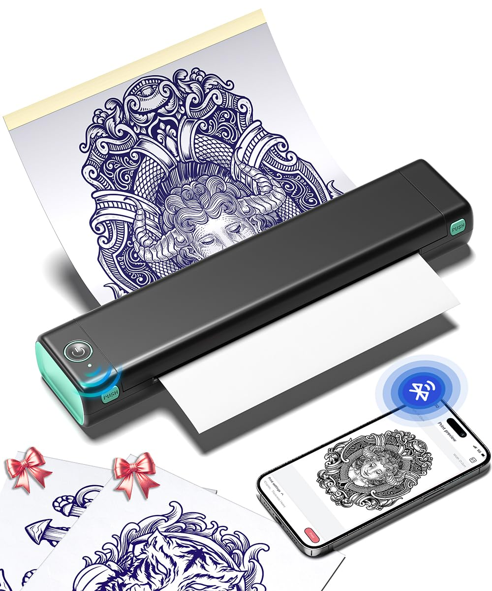 Phomemo M08F Wireless Tattoo Transfer Stencil Printer, Thermal Tattoo Machine with 10Pcs Free Stencil Paper, Portable Printer Kit for Artists & Beginners, Compatible with Smartphone & PC