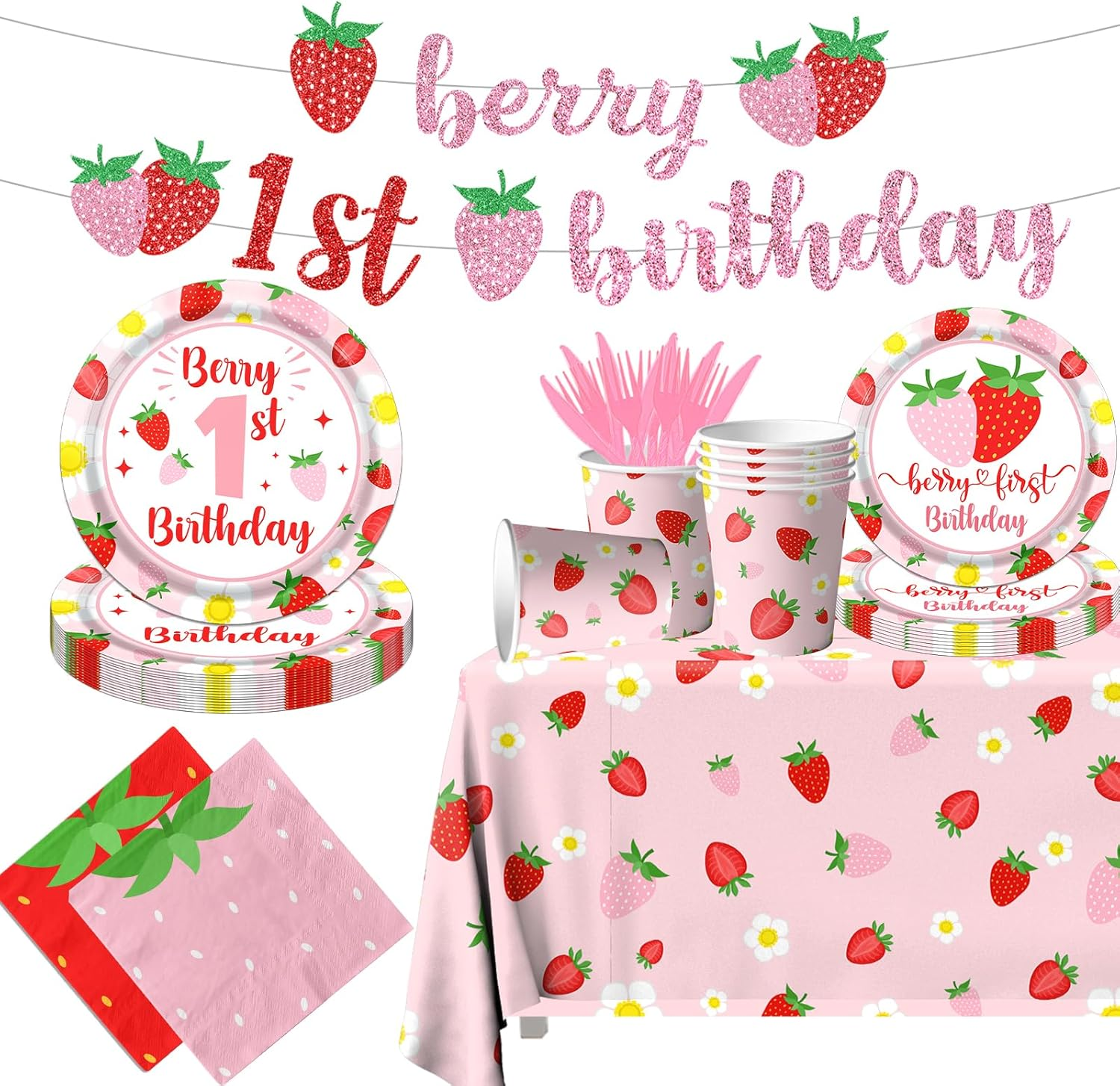Berry First Birthday Decor Strawberry 1St Birthday Decorations for Girls with Plates, Napkins, Tablecloth, Cups Strawberry Party Decorations, Serve 20